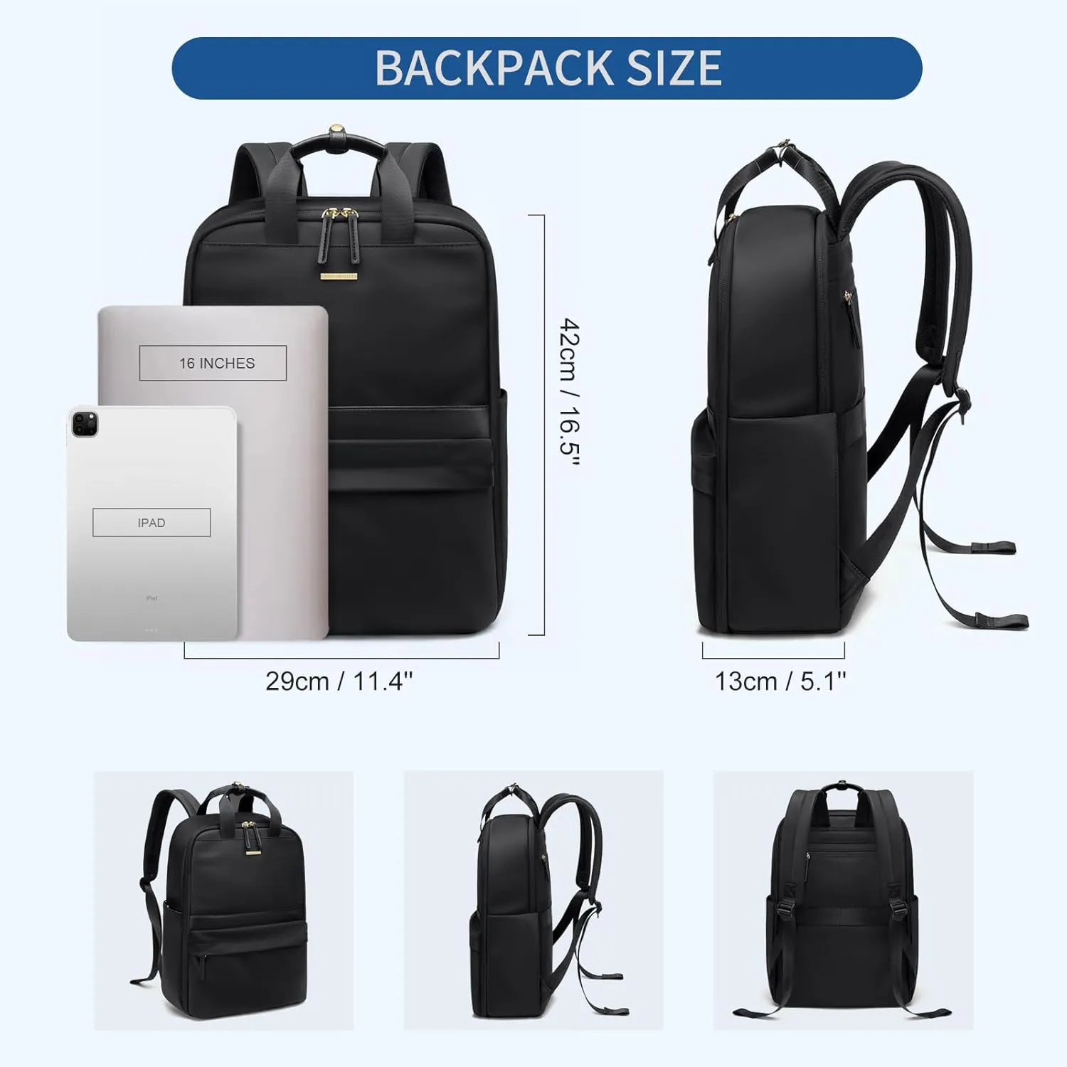 Laptop Backpack for Women Carry On Backpack Travel Backpack with Laptop Compartment for Work Travel Business Fit 16 Inch Notebook, Black