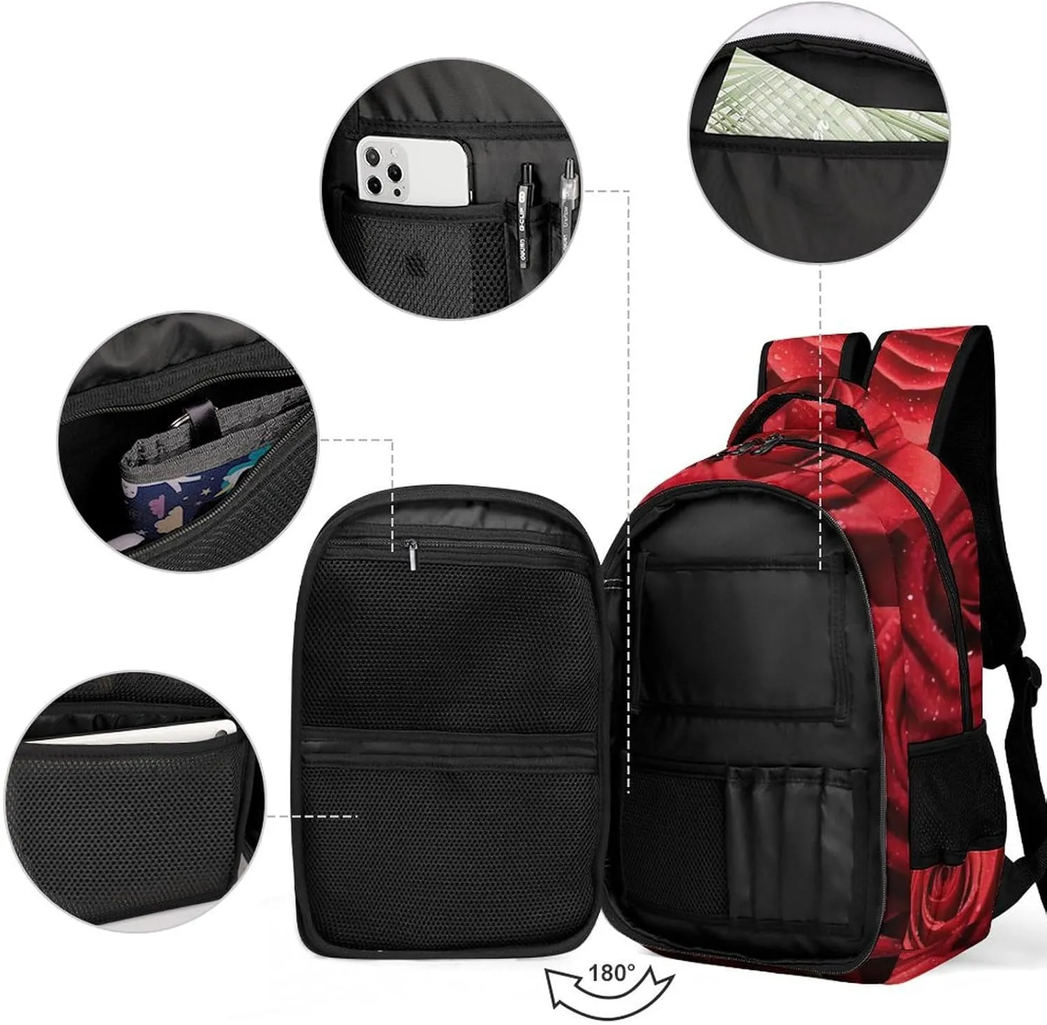 Laptop Backpack for Women Men Daypack Waterproof Red Rose Computer Bag Business Work Bag for Travel