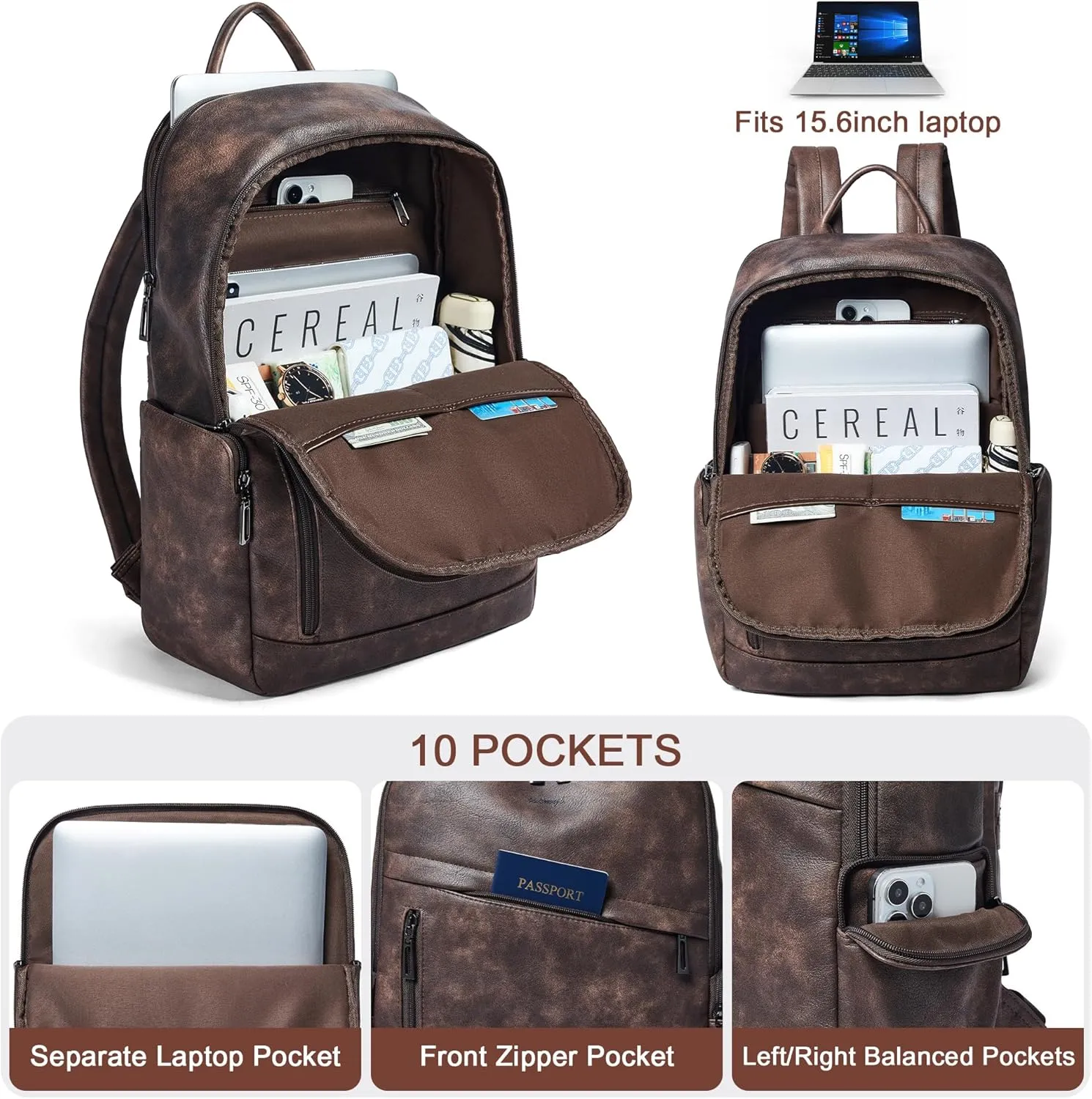 Laptop Backpack Purse for Women 15.6 Inch Fashion Leather Backpack for Work College Travel,Coffee