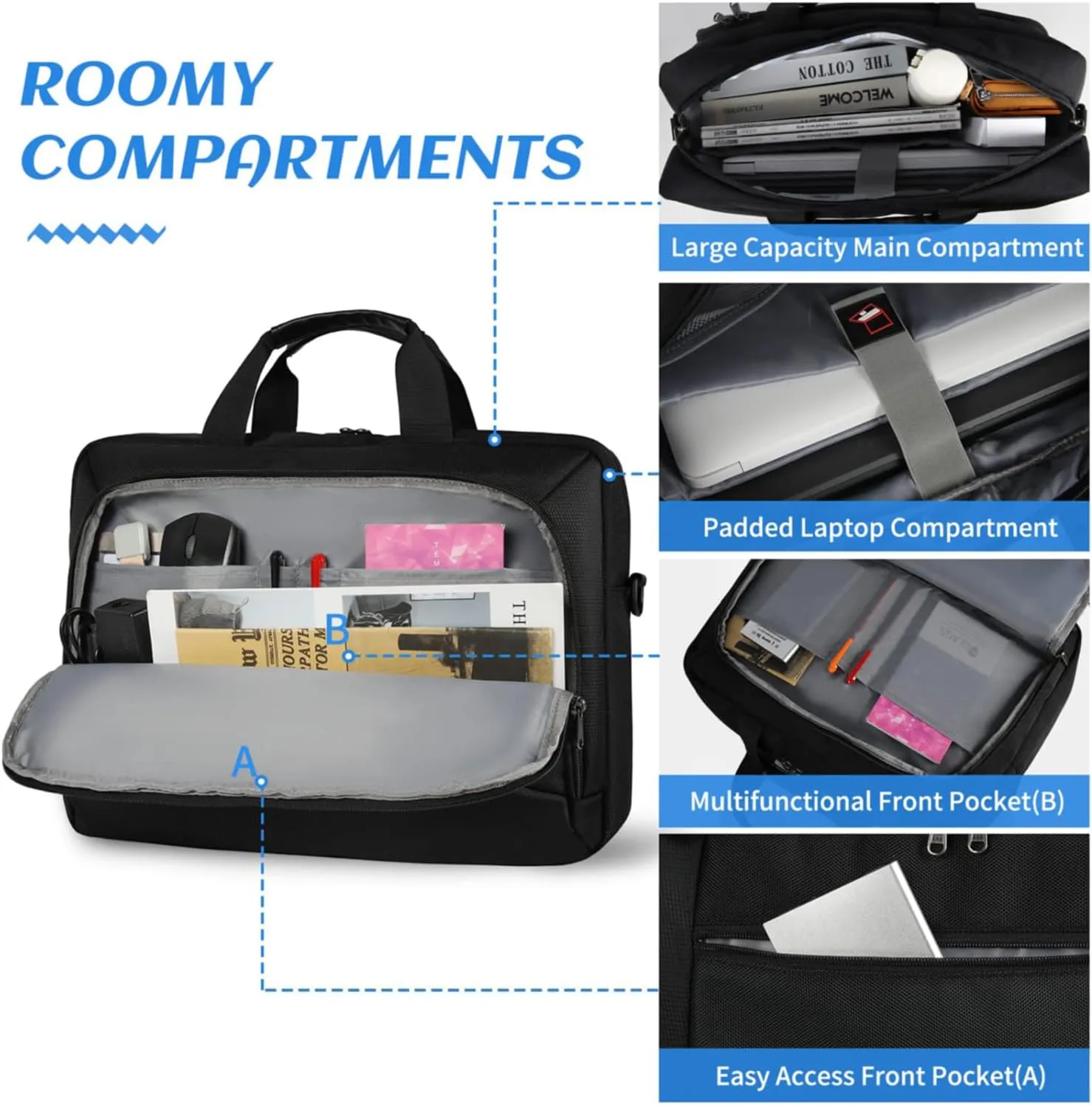 Laptop Bag 17.3 Inch Laptop Briefcase Large Waterproof Laptop Case for Men Women Business Office Work Computer Bag 17 Inch Adjustable Shoulder Messenger Bag, Black
