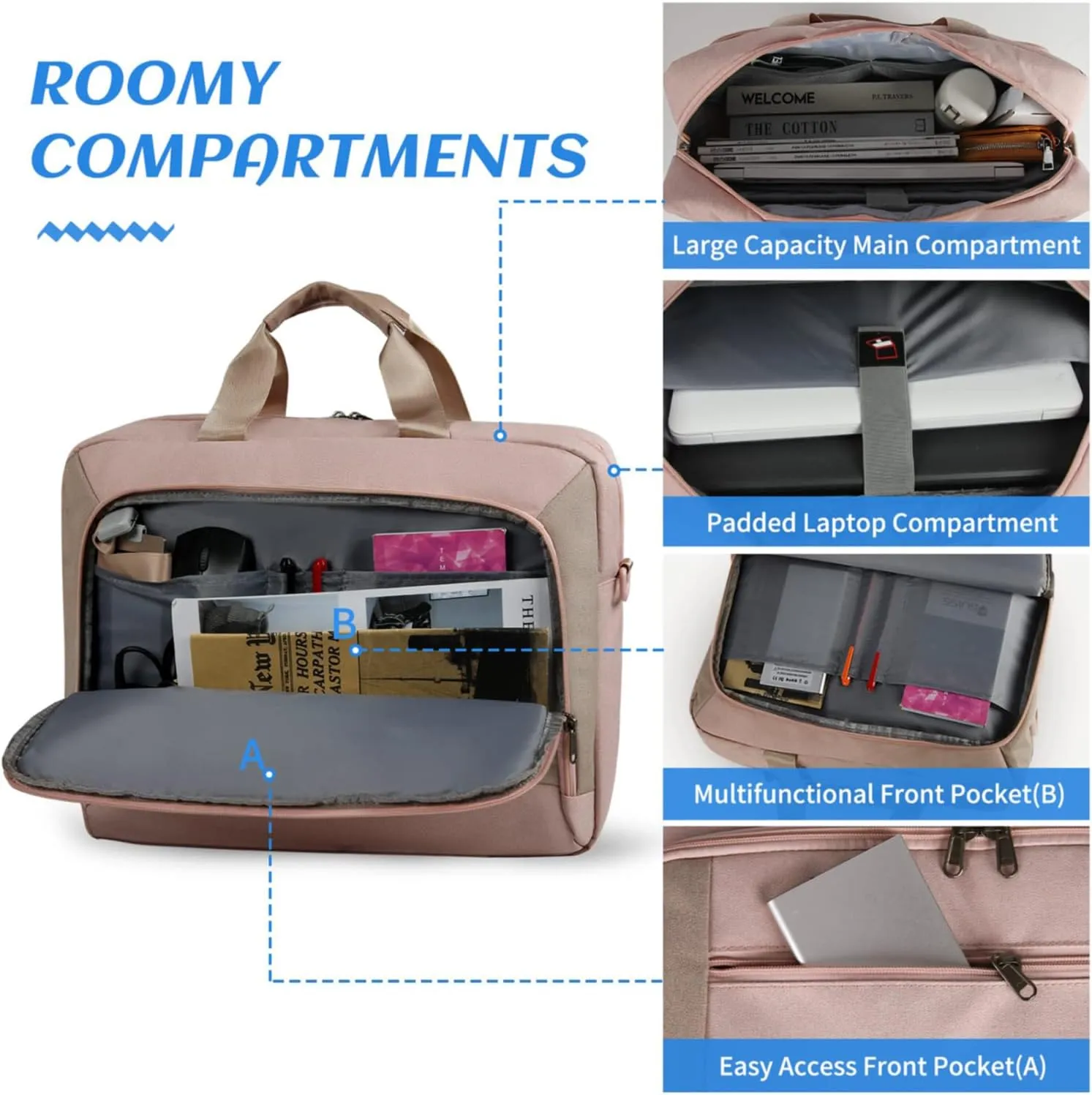 Laptop Bag 17.3 Inch Laptop Briefcase Large Waterproof Laptop Case for Men Women Business Office Work Computer Bag 17 Inch Adjustable Shoulder Messenger Bag, Pink