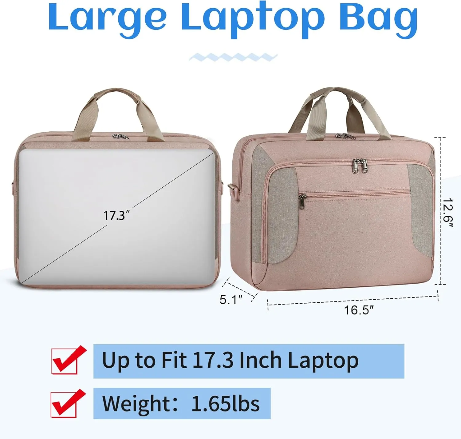 Laptop Bag 17.3 Inch Laptop Briefcase Large Waterproof Laptop Case for Men Women Business Office Work Computer Bag 17 Inch Adjustable Shoulder Messenger Bag, Pink