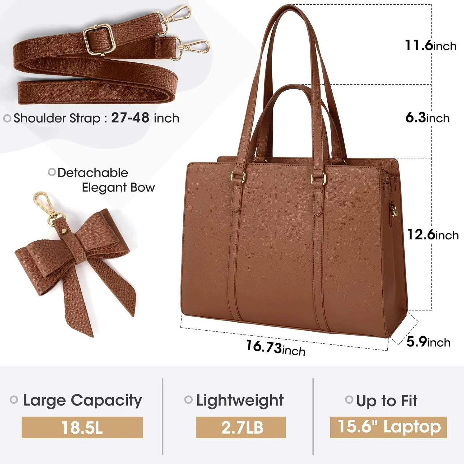 Laptop Bag for Women 15.6 inch Laptop Tote Bag Waterproof Leather Computer Bag Large Lightweight Briefcase Professional Business Office Work Bag, Dark Brown