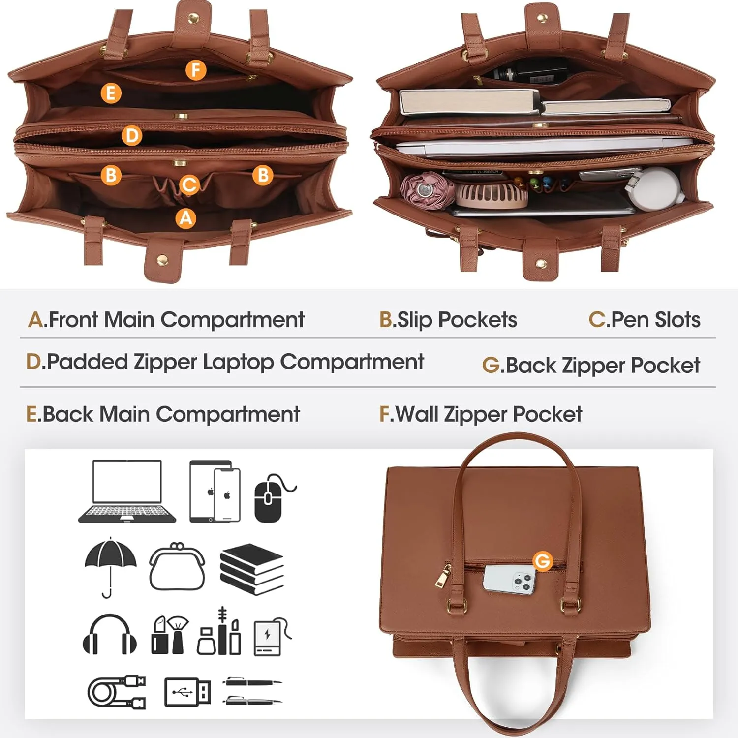 Laptop Bag for Women 15.6 inch Laptop Tote Bag Waterproof Leather Computer Bag Large Lightweight Briefcase Professional Business Office Work Bag, Dark Brown