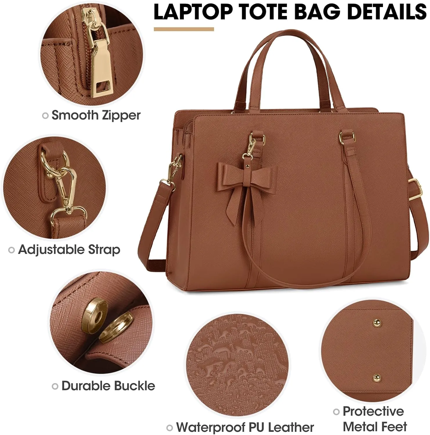 Laptop Bag for Women 15.6 inch Laptop Tote Bag Waterproof Leather Computer Bag Large Lightweight Briefcase Professional Business Office Work Bag, Dark Brown