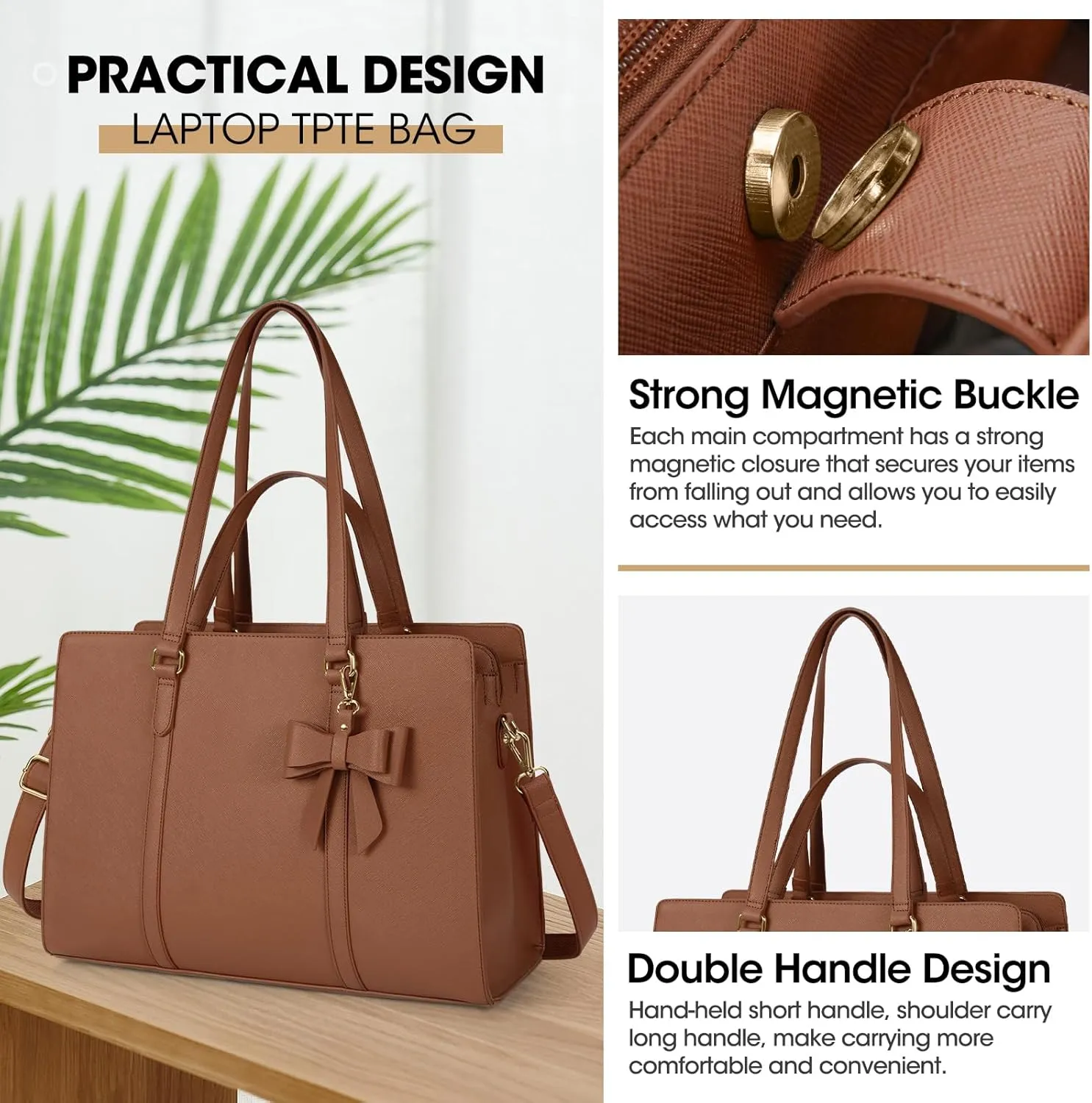 Laptop Bag for Women 15.6 inch Laptop Tote Bag Waterproof Leather Computer Bag Large Lightweight Briefcase Professional Business Office Work Bag, Dark Brown