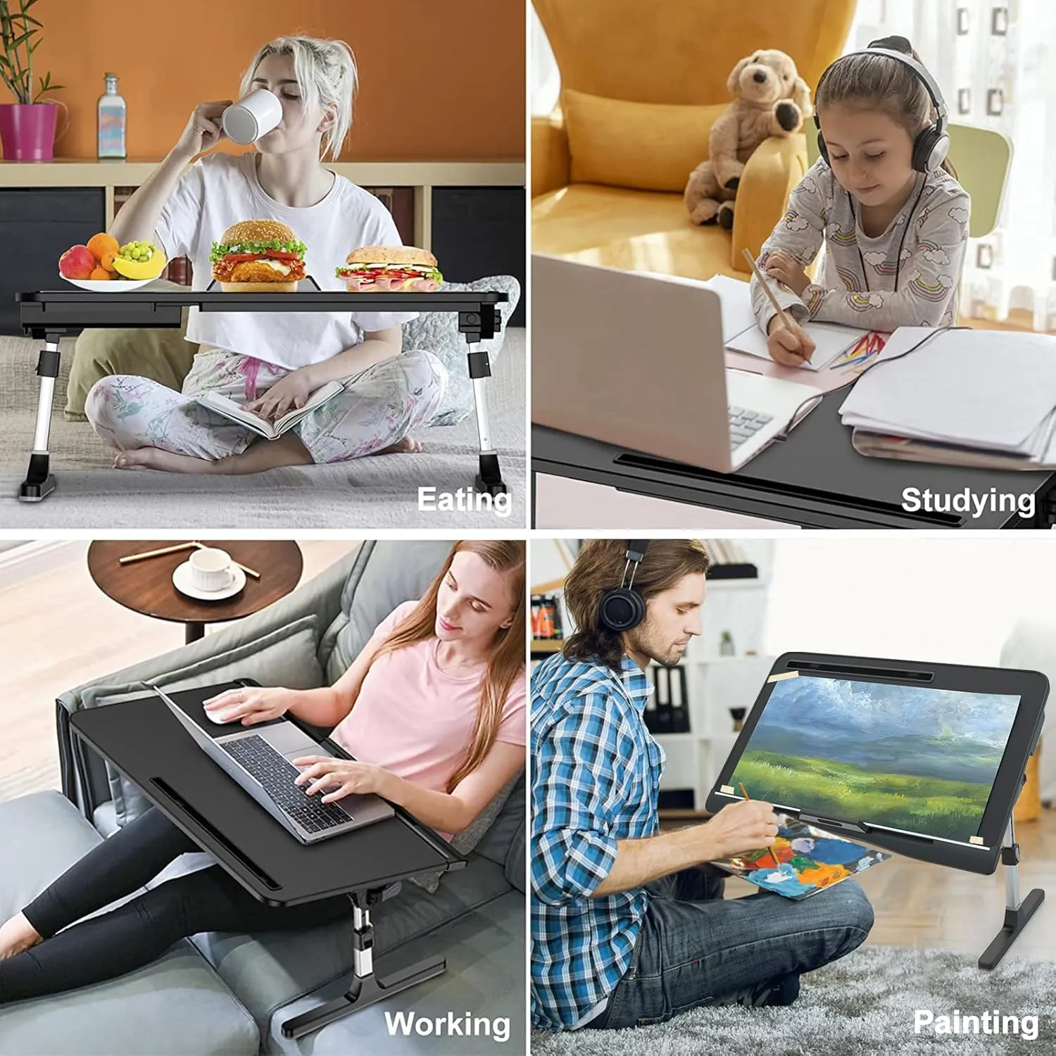 Laptop Bed Desk Tray, Adjustable Sturdy Laptop Stand for Bed with Premium Materials, Folding Portable Lap Desk for Writing Working Eating Painting (Black, 23.6"×14")