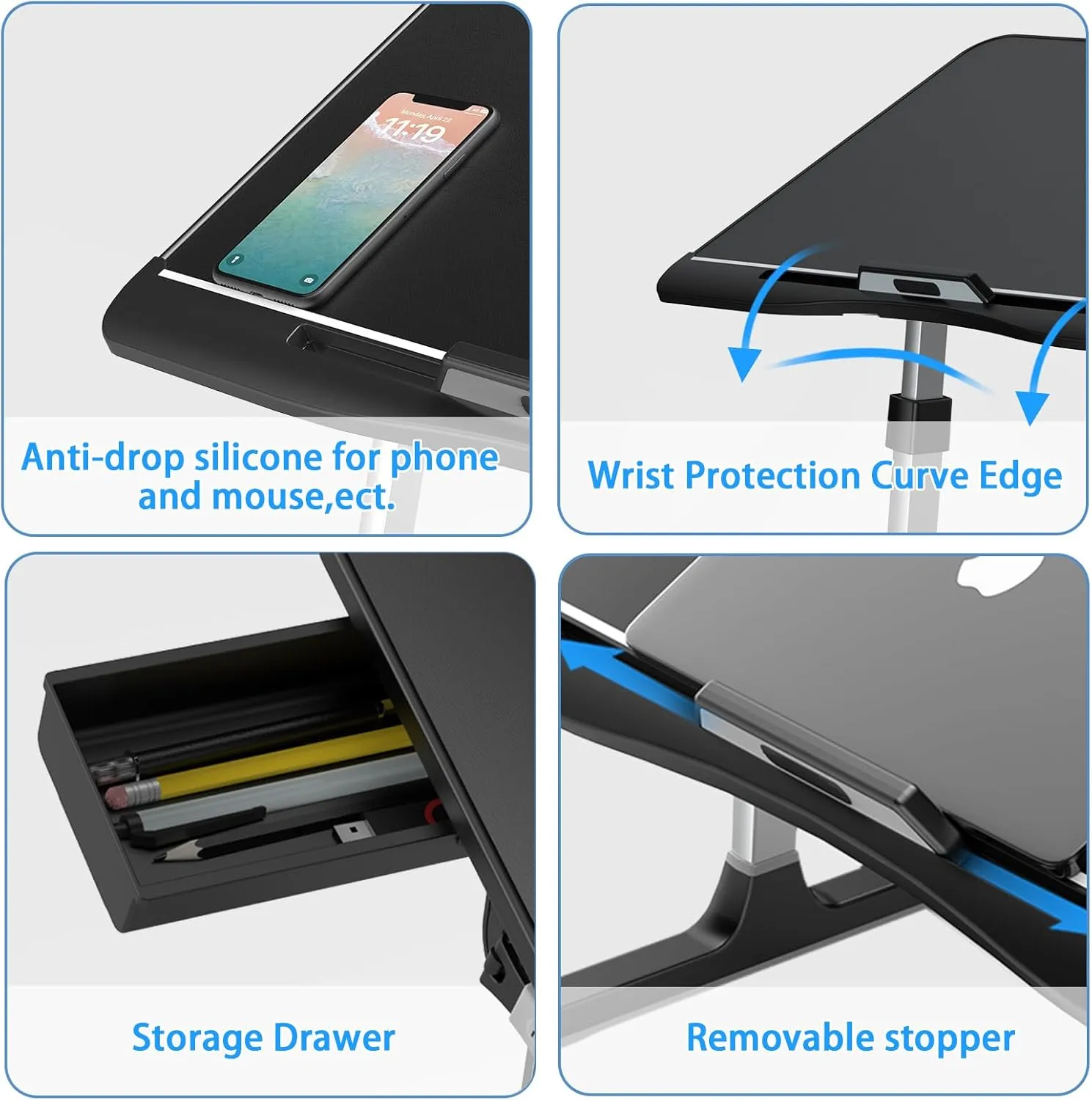 Laptop Bed Desk Tray, Adjustable Sturdy Laptop Stand for Bed with Premium Materials, Folding Portable Lap Desk for Writing Working Eating Painting (Black, 23.6"×14")