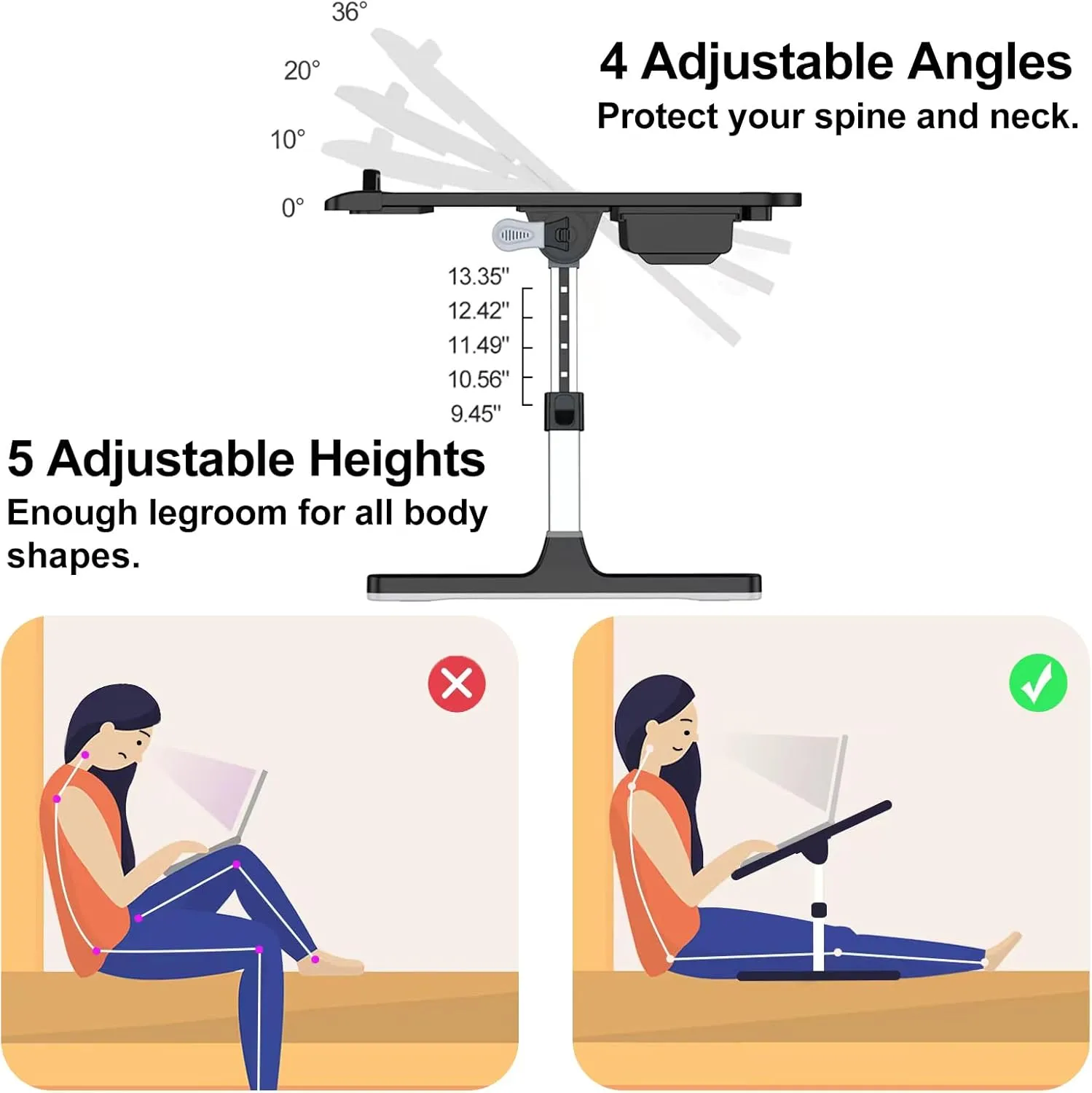 Laptop Bed Desk Tray, Adjustable Sturdy Laptop Stand for Bed with Premium Materials, Folding Portable Lap Desk for Writing Working Eating Painting (Black, 23.6"×14")