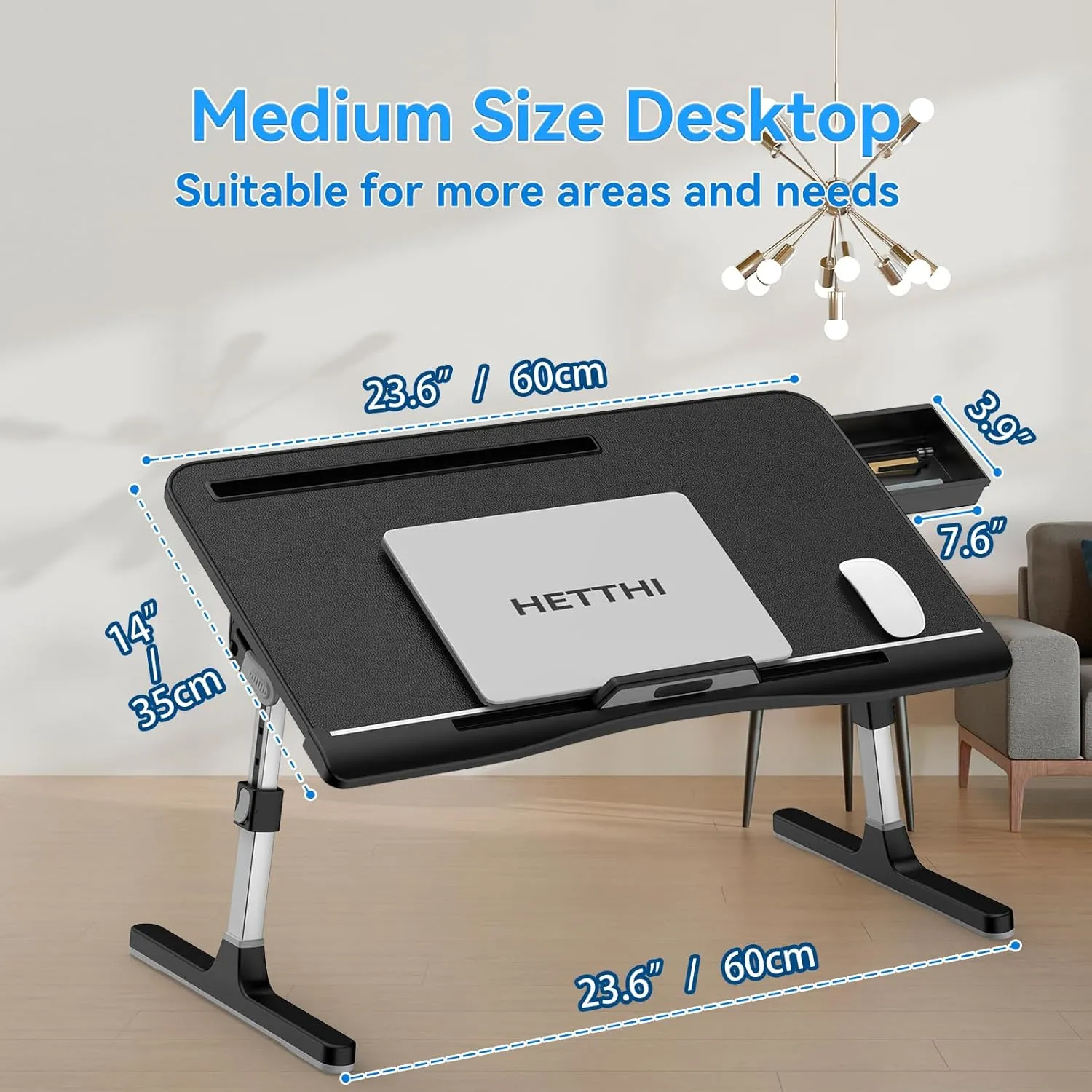 Laptop Bed Desk Tray, Adjustable Sturdy Laptop Stand for Bed with Premium Materials, Folding Portable Lap Desk for Writing Working Eating Painting (Black, 23.6"×14")
