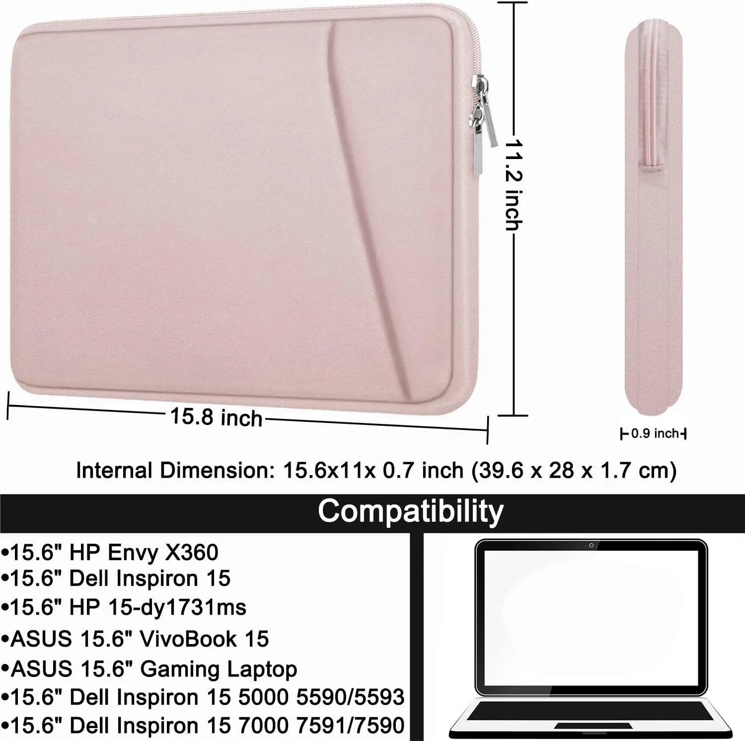 Laptop case 15.6 inch, Durable Briefcase Shockproof Protective Cover, Handbags Portable Laptop Bag for 15.6 inch HP Dell Asus Lenovo Notebook Computer Sleeve with Front Pocket, Pink
