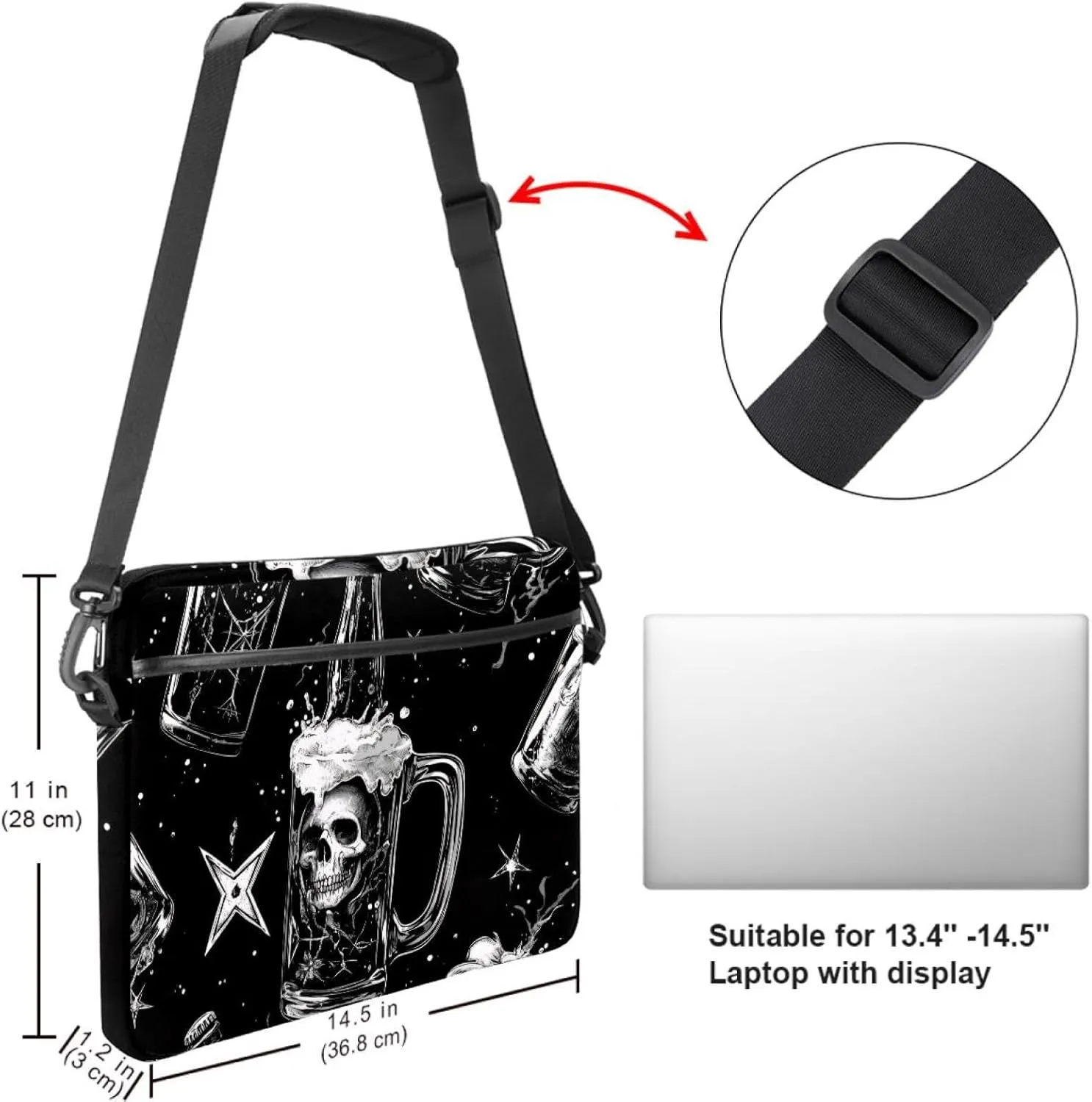 Laptop Shoulder Bag Human Skull inside Beer Glass on black background Padded Computer Briefcase for Adults, 13.4-14.5 Inch