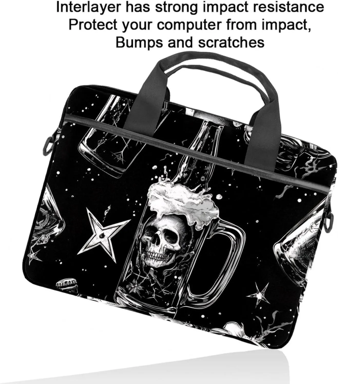 Laptop Shoulder Bag Human Skull inside Beer Glass on black background Padded Computer Briefcase for Adults, 13.4-14.5 Inch