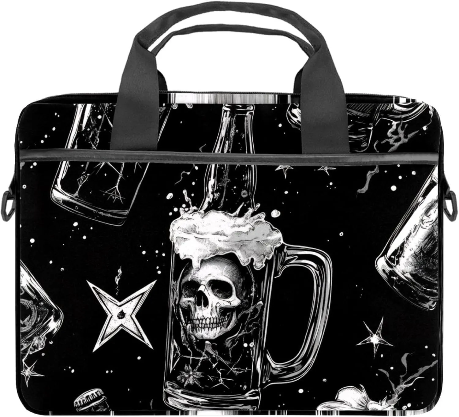 Laptop Shoulder Bag Human Skull inside Beer Glass on black background Padded Computer Briefcase for Adults, 13.4-14.5 Inch