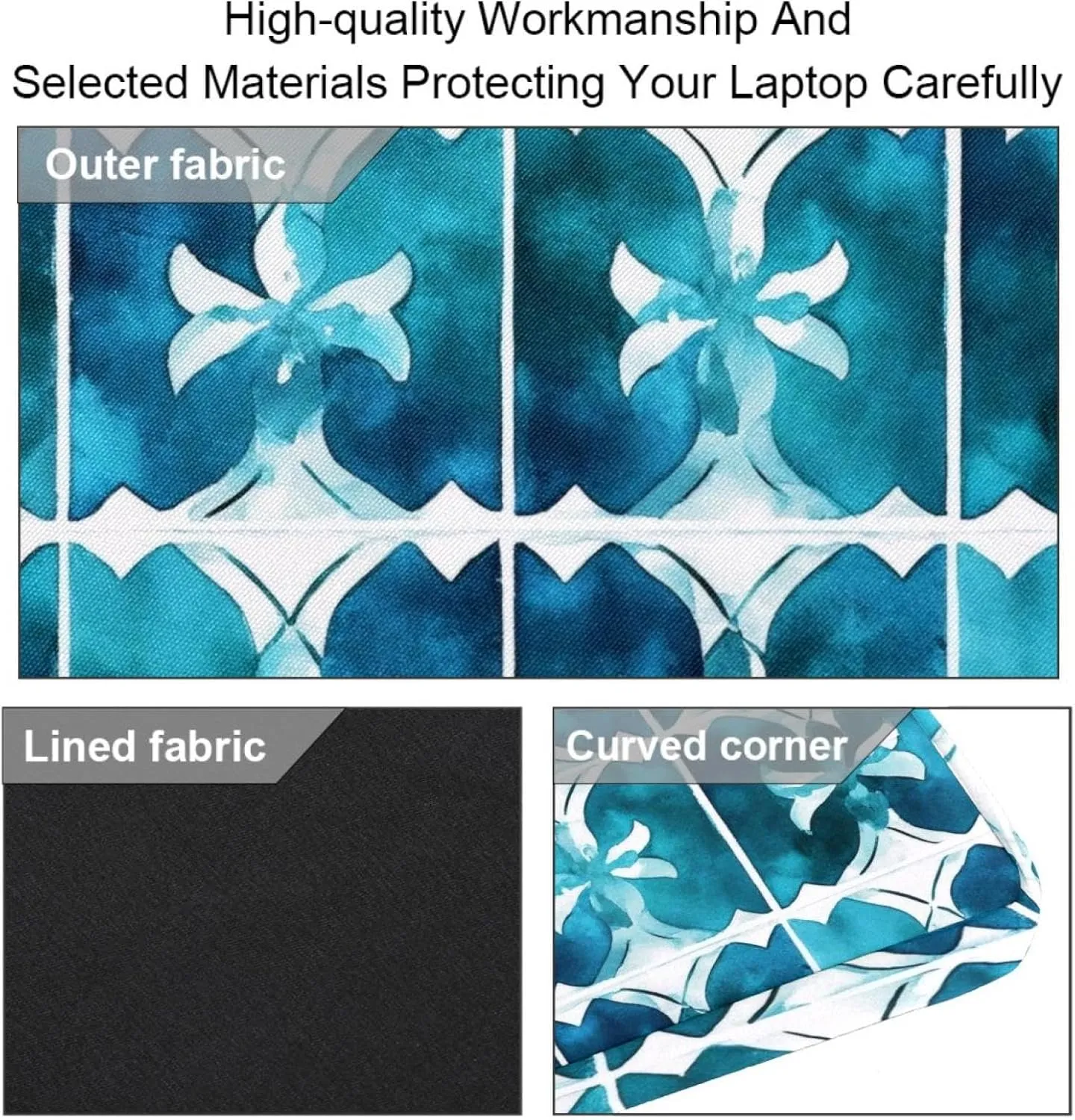 Laptop Shoulder Bag Teal Blue White Geometric Mosaic Pattern Padded Computer Briefcase for Adults, 13.4-14.5 Inch