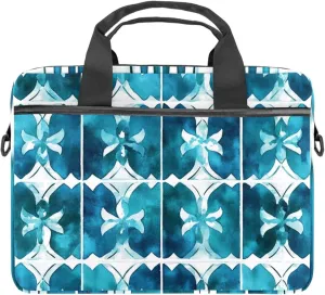 Laptop Shoulder Bag Teal Blue White Geometric Mosaic Pattern Padded Computer Briefcase for Adults, 13.4-14.5 Inch