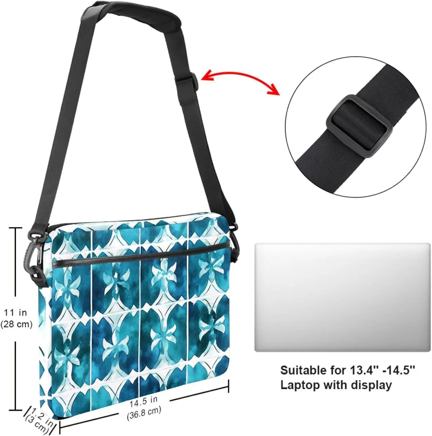 Laptop Shoulder Bag Teal Blue White Geometric Mosaic Pattern Padded Computer Briefcase for Adults, 13.4-14.5 Inch