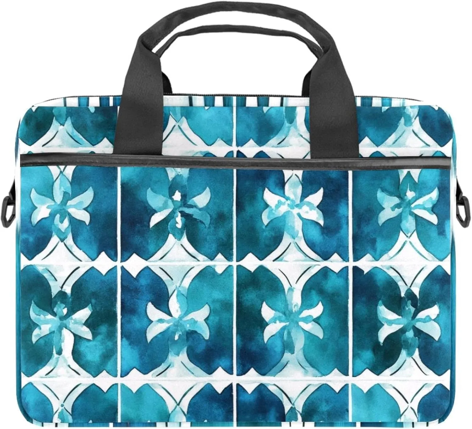 Laptop Shoulder Bag Teal Blue White Geometric Mosaic Pattern Padded Computer Briefcase for Adults, 13.4-14.5 Inch