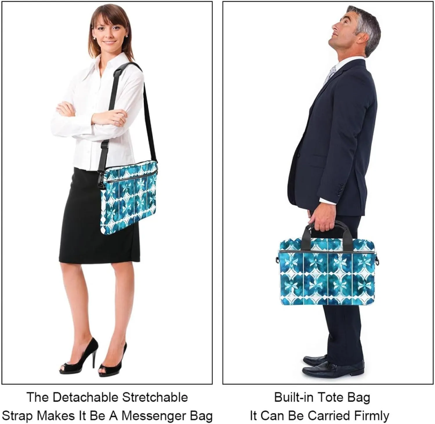 Laptop Shoulder Bag Teal Blue White Geometric Mosaic Pattern Padded Computer Briefcase for Adults, 13.4-14.5 Inch