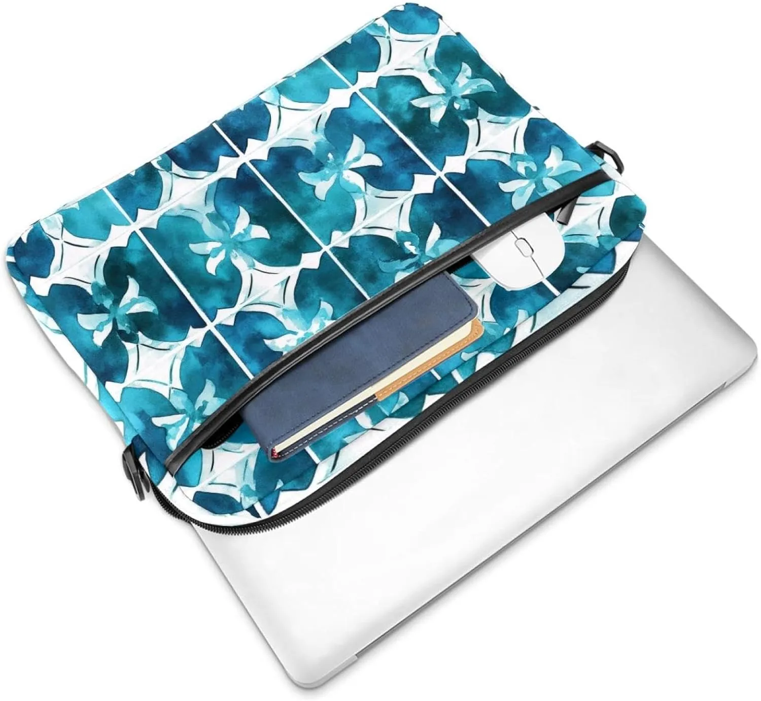 Laptop Shoulder Bag Teal Blue White Geometric Mosaic Pattern Padded Computer Briefcase for Adults, 13.4-14.5 Inch