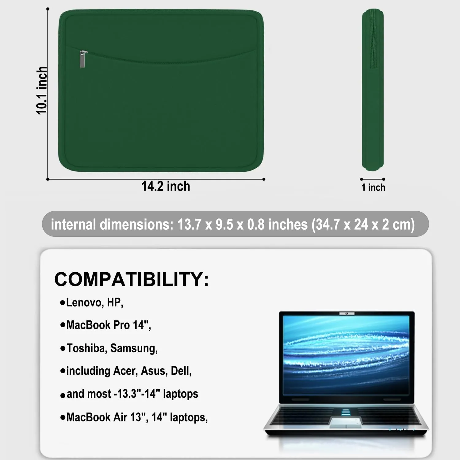 Laptop Sleeve Bag 14 inch, Shockproof Protective Laptop Cover Briefcase Carrying Computer Bag with Accessory Pocket Portable Computer Sleeve for 14" MacBook, HP, Dell, Lenovo, Acer, Green