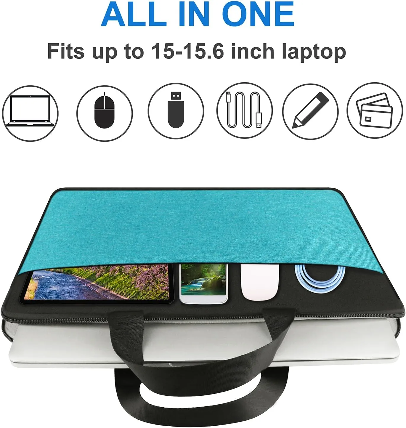 Laptop Sleeve Bag 15.6 inch, Travel Laptop Case Handbag Shockproof Protective Computer Cover Carrying Bag Briefcase for 15" 15.6" HP Asus Acer Dell Lenovo Laptop Notebook Ultrabook, (Black/Sky blue)