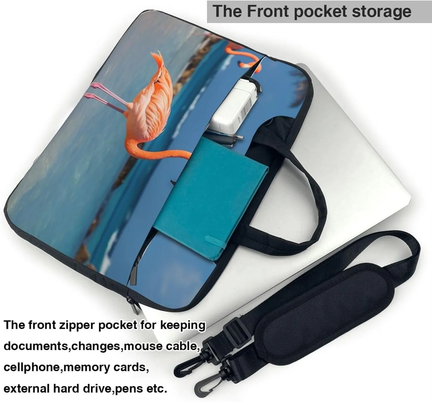 Laptop Sleeve Bag Shockproof Notebook Case Beach Flamingo Computer Carrying Case with Shoulder Strap 14 inch
