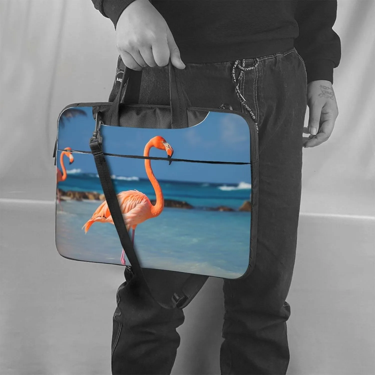 Laptop Sleeve Bag Shockproof Notebook Case Beach Flamingo Computer Carrying Case with Shoulder Strap 14 inch