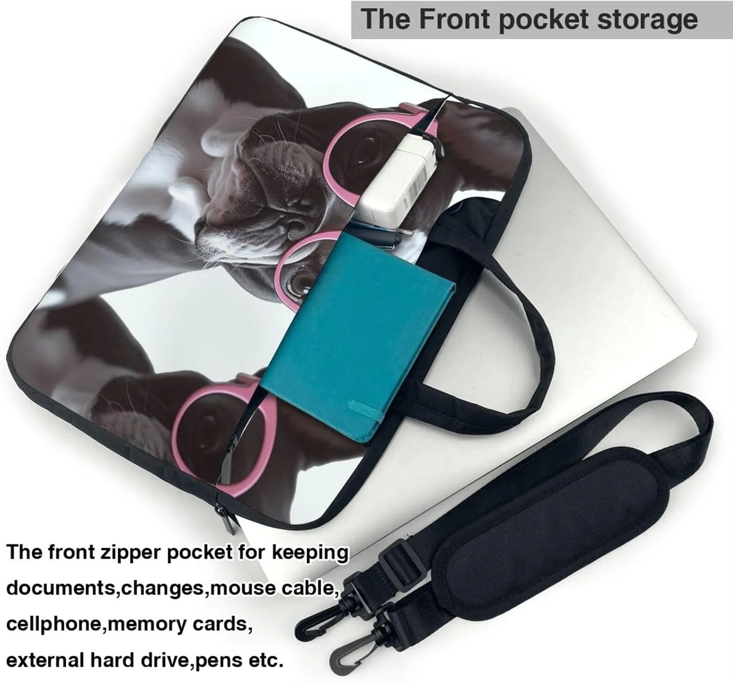 Laptop Sleeve Bag Shockproof Notebook Case French Bulldog Glasses Computer Carrying Case with Shoulder Strap 13 inch