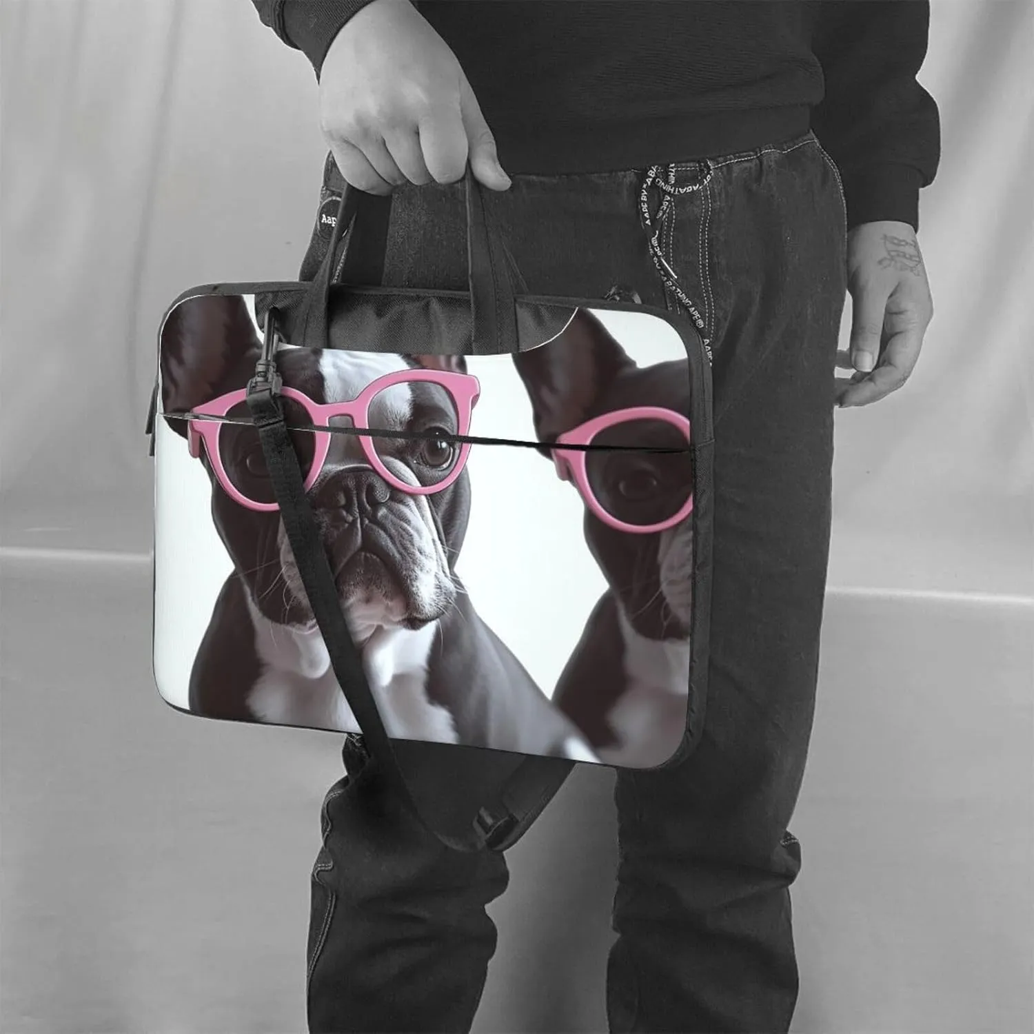 Laptop Sleeve Bag Shockproof Notebook Case French Bulldog Glasses Computer Carrying Case with Shoulder Strap 13 inch