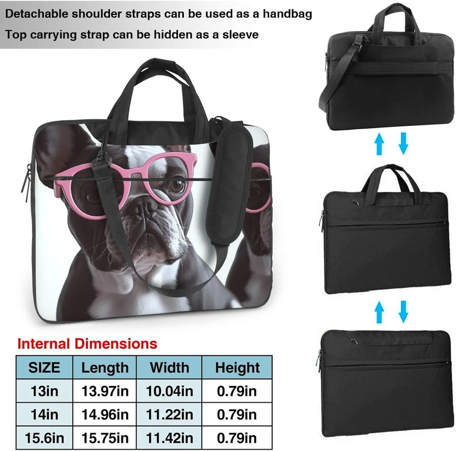 Laptop Sleeve Bag Shockproof Notebook Case French Bulldog Glasses Computer Carrying Case with Shoulder Strap 13 inch