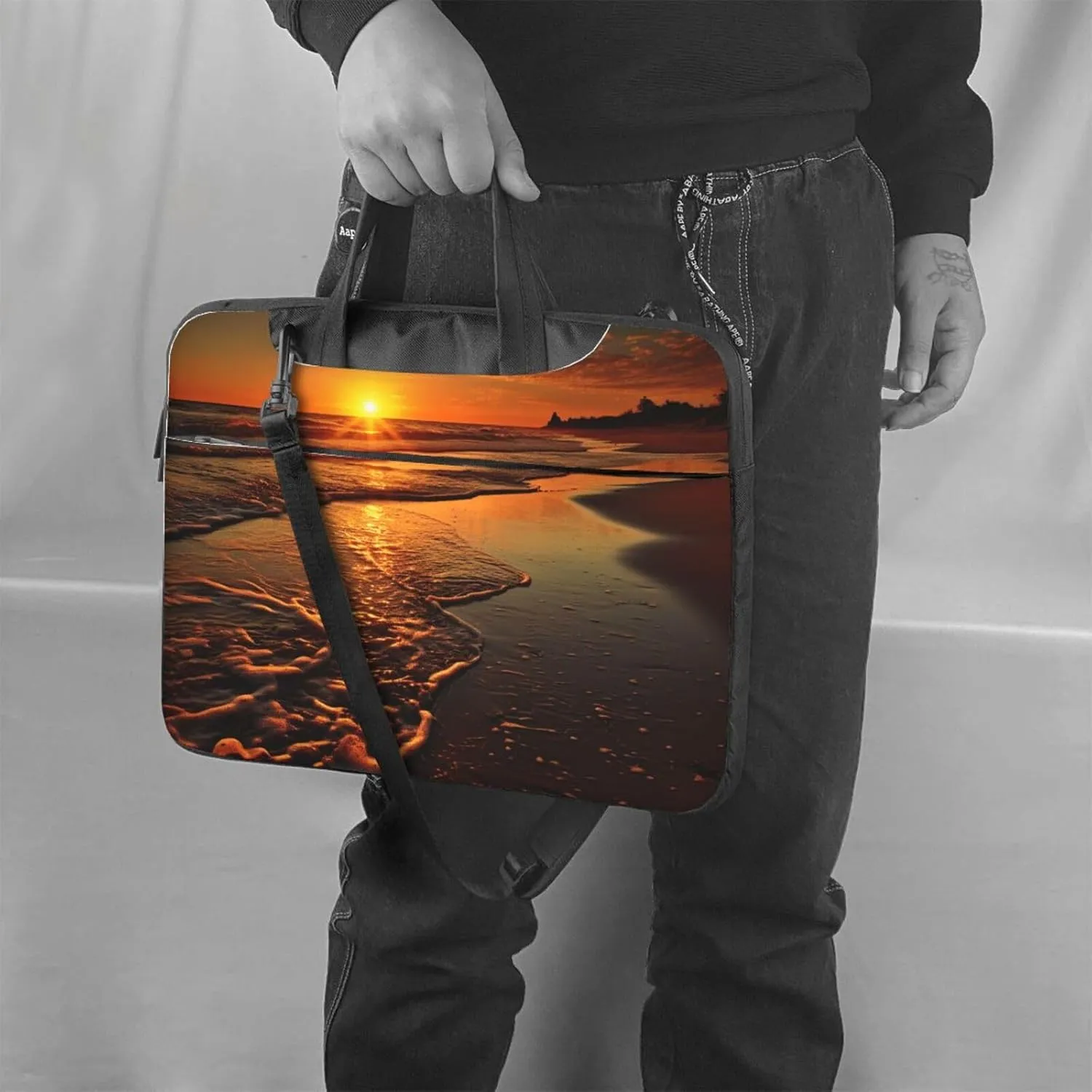 Laptop Sleeve Bag Shockproof Notebook Case Orange Sunrise Beach Computer Carrying Case with Shoulder Strap 15.6 inch