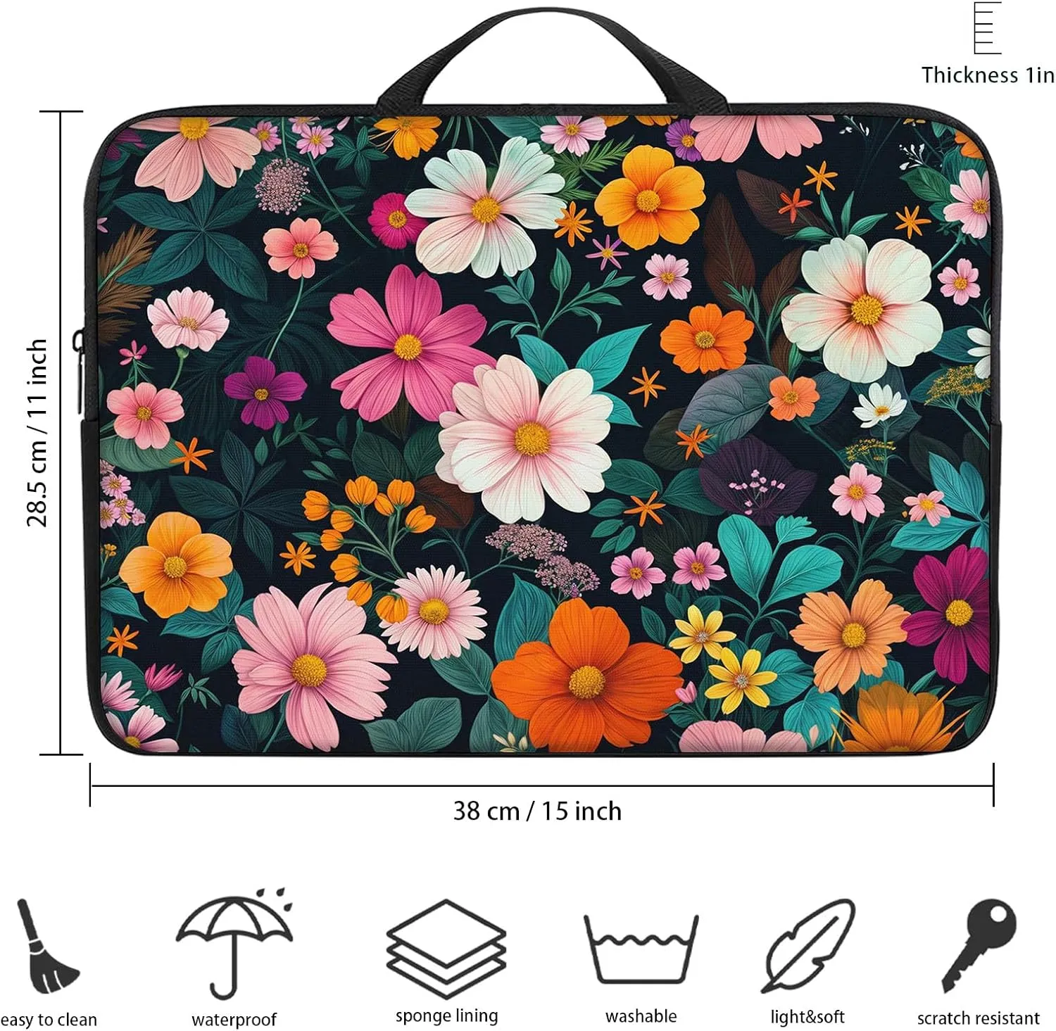 Laptop Sleeve Bag with Handle Computer Protective Soft Cover Case for 14 Inch 13 Inch Laptop,Colored Daisies