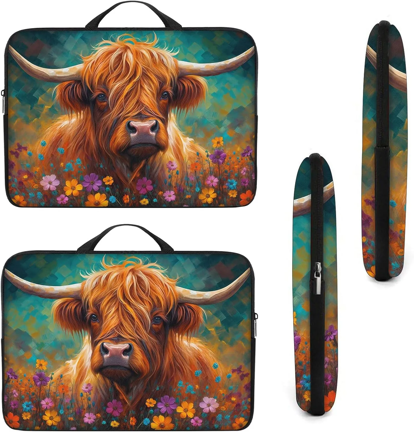 Laptop Sleeve Bag with Handle Computer Protective Soft Cover Case for 14 Inch 13 Inch Laptop,Cow in Flowers