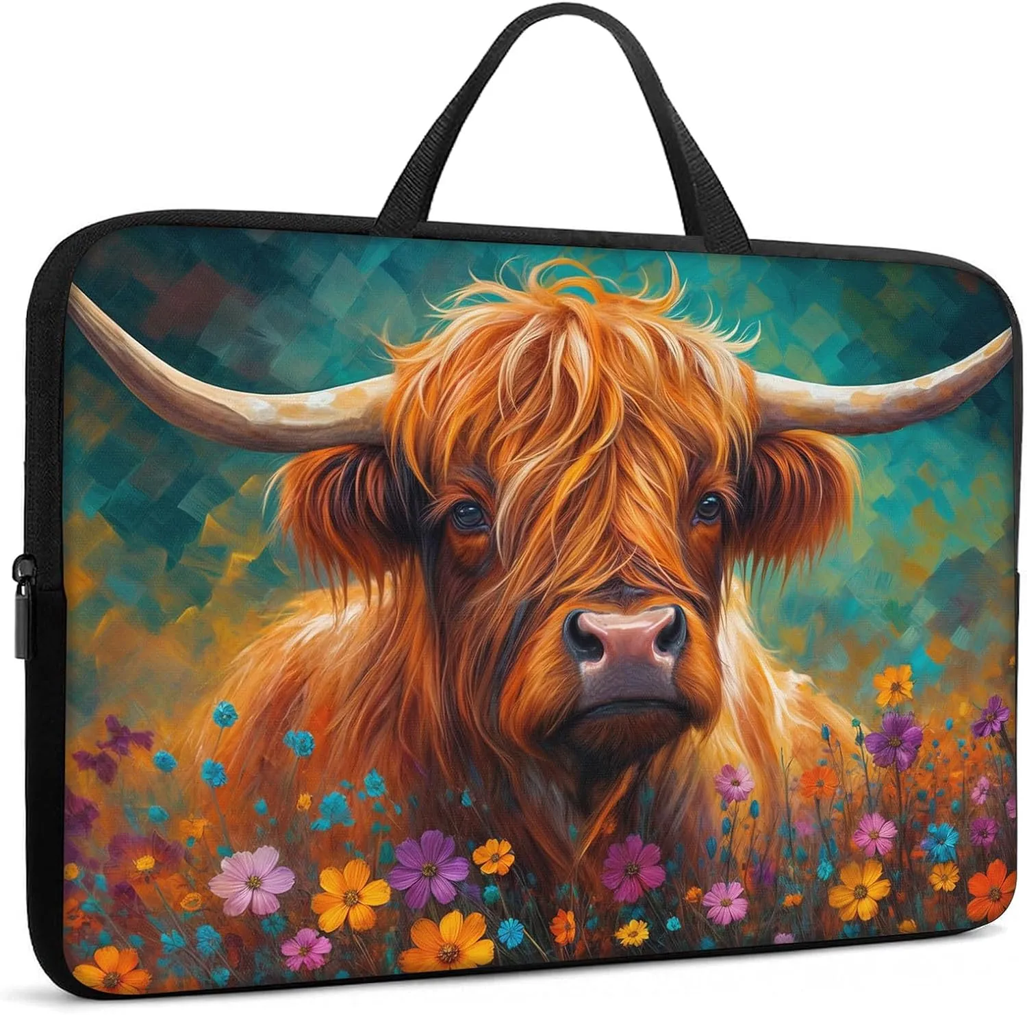 Laptop Sleeve Bag with Handle Computer Protective Soft Cover Case for 14 Inch 13 Inch Laptop,Cow in Flowers