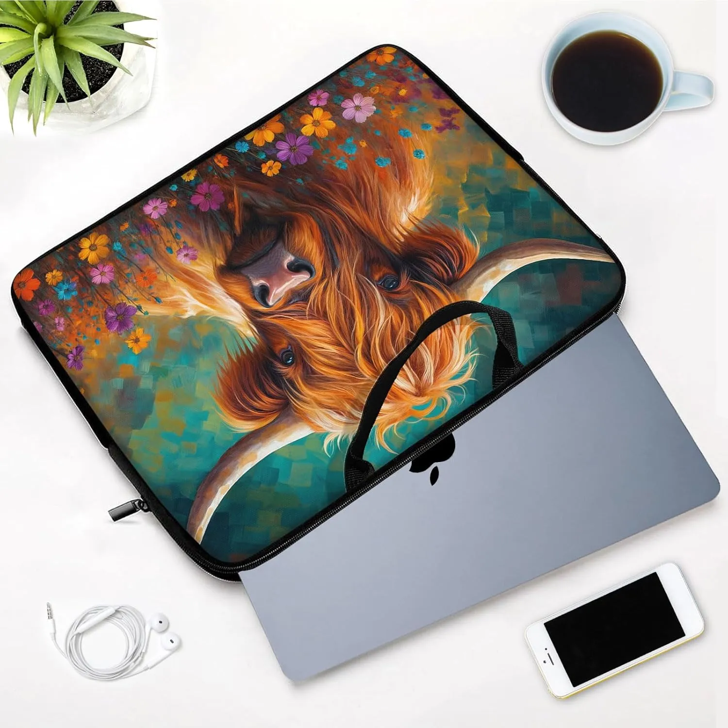 Laptop Sleeve Bag with Handle Computer Protective Soft Cover Case for 14 Inch 13 Inch Laptop,Cow in Flowers