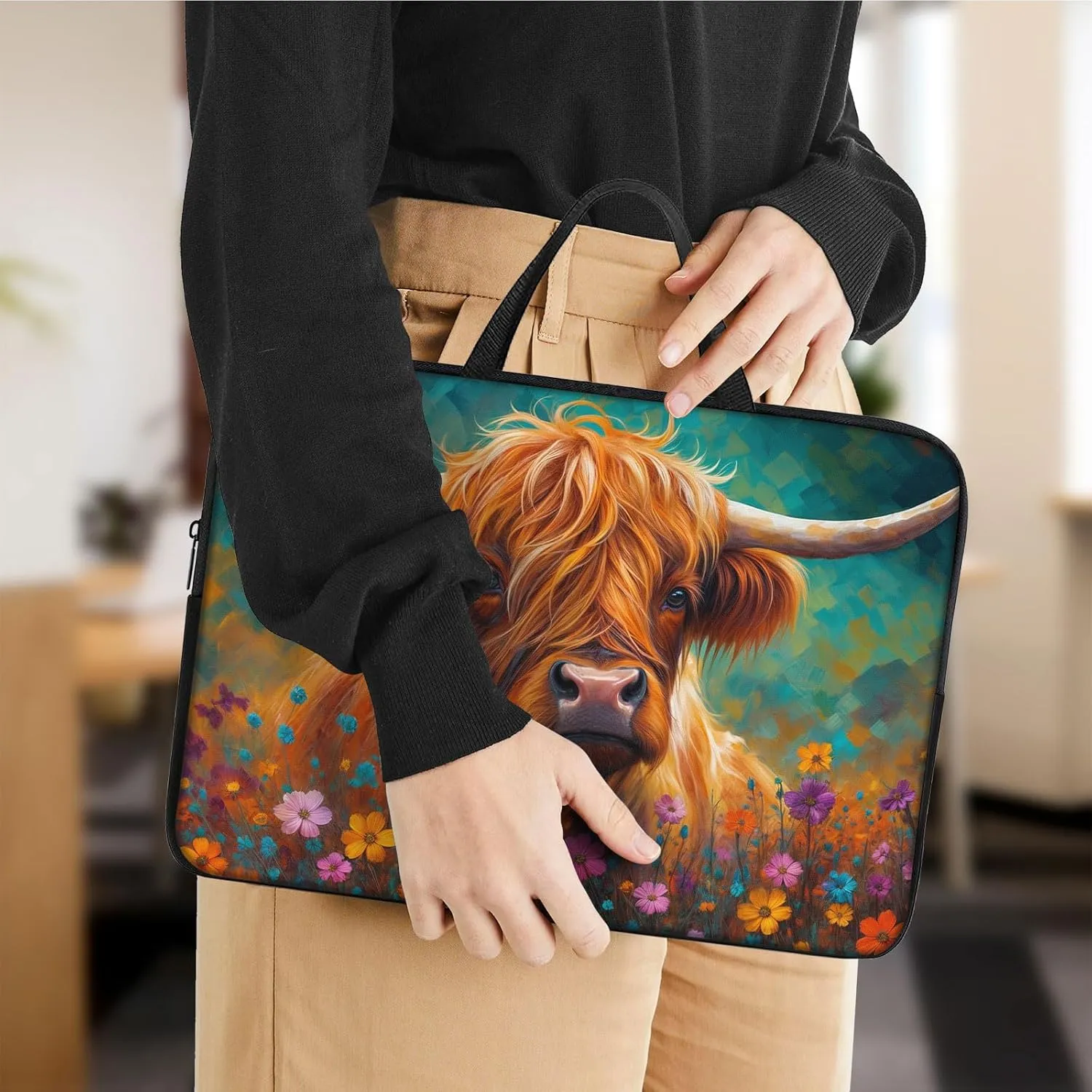 Laptop Sleeve Bag with Handle Computer Protective Soft Cover Case for 14 Inch 13 Inch Laptop,Cow in Flowers
