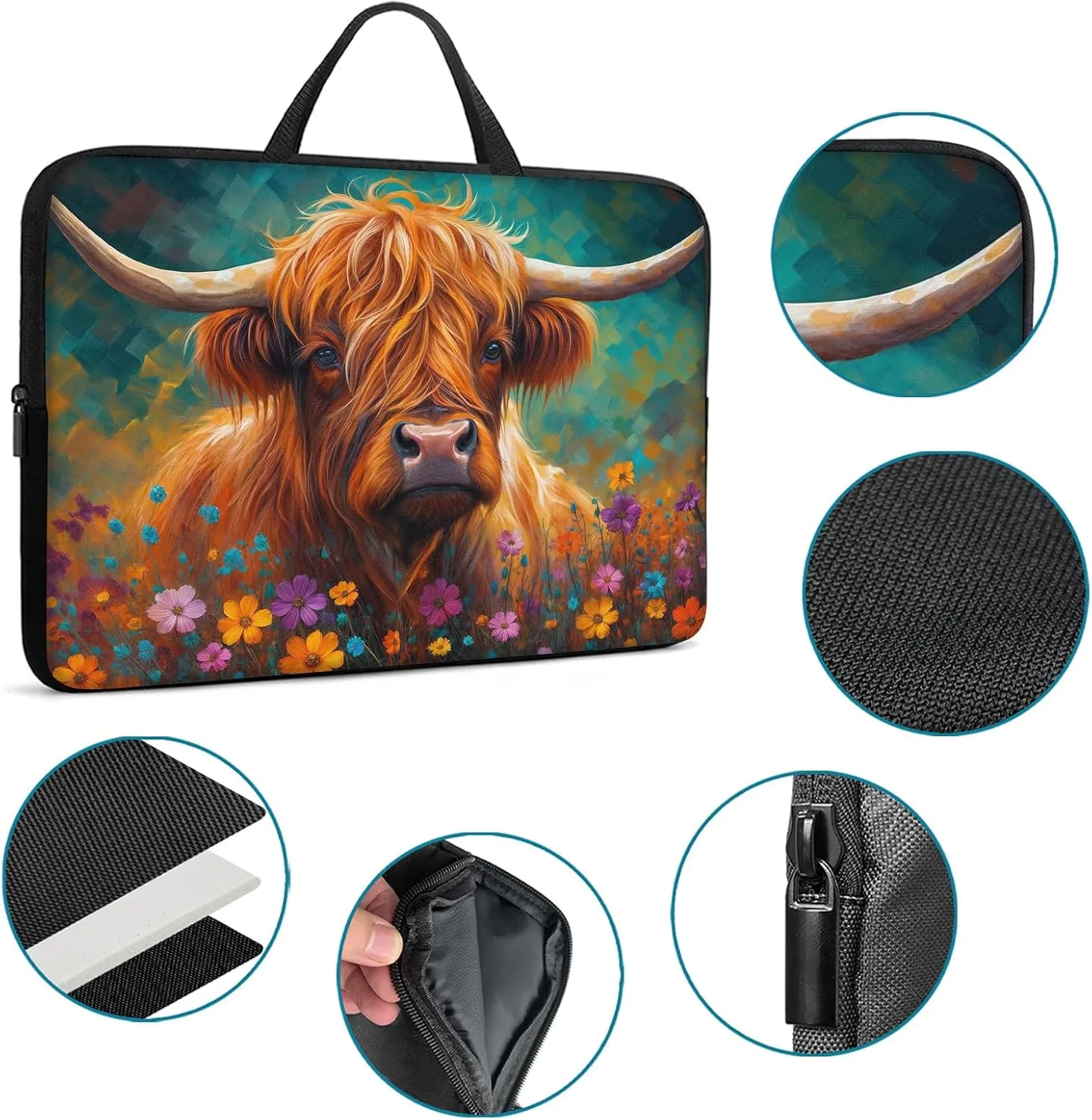 Laptop Sleeve Bag with Handle Computer Protective Soft Cover Case for 14 Inch 13 Inch Laptop,Cow in Flowers