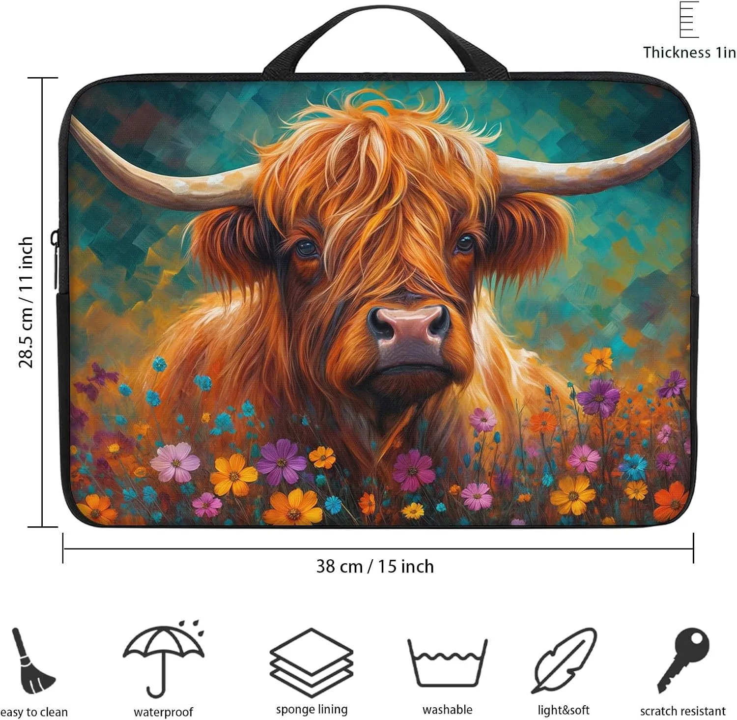 Laptop Sleeve Bag with Handle Computer Protective Soft Cover Case for 14 Inch 13 Inch Laptop,Cow in Flowers