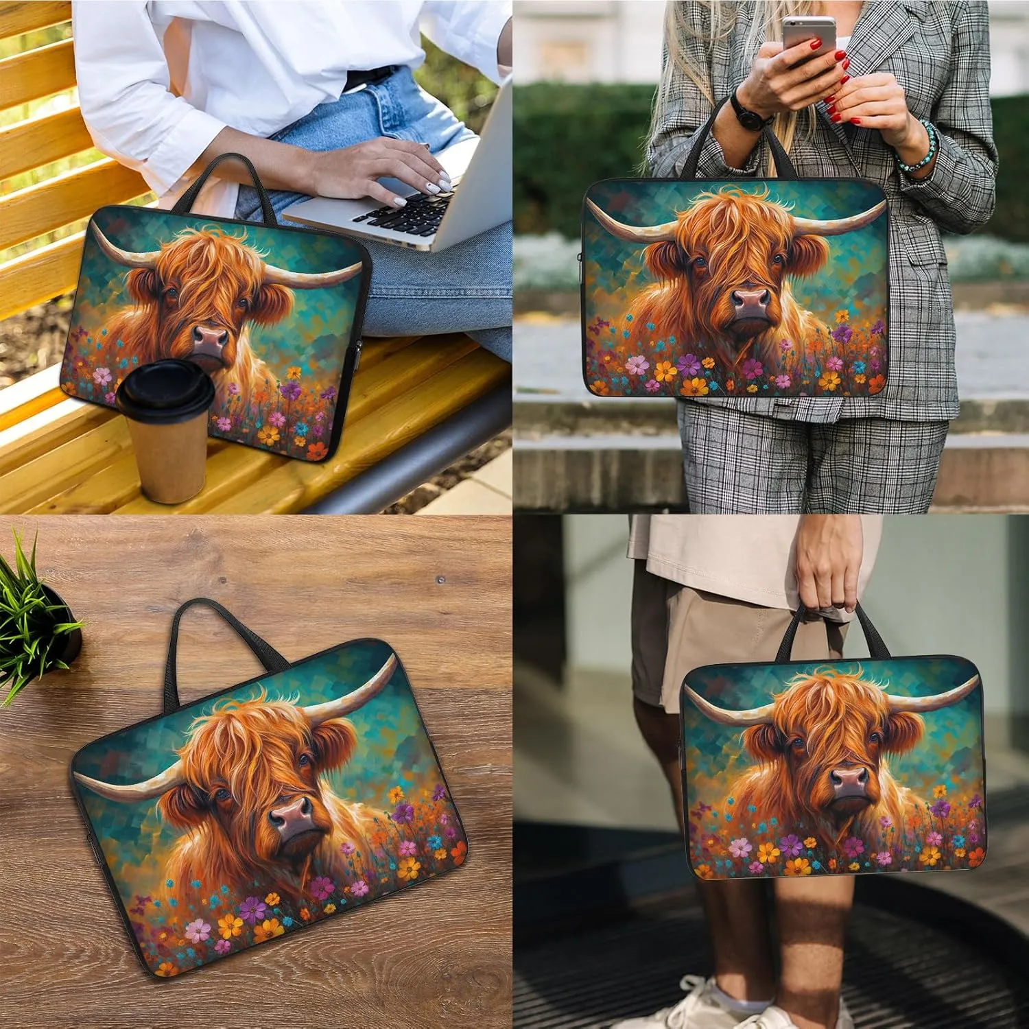 Laptop Sleeve Bag with Handle Computer Protective Soft Cover Case for 14 Inch 13 Inch Laptop,Cow in Flowers