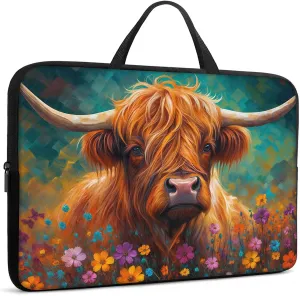 Laptop Sleeve Bag with Handle Computer Protective Soft Cover Case for 14 Inch 13 Inch Laptop,Cow in Flowers