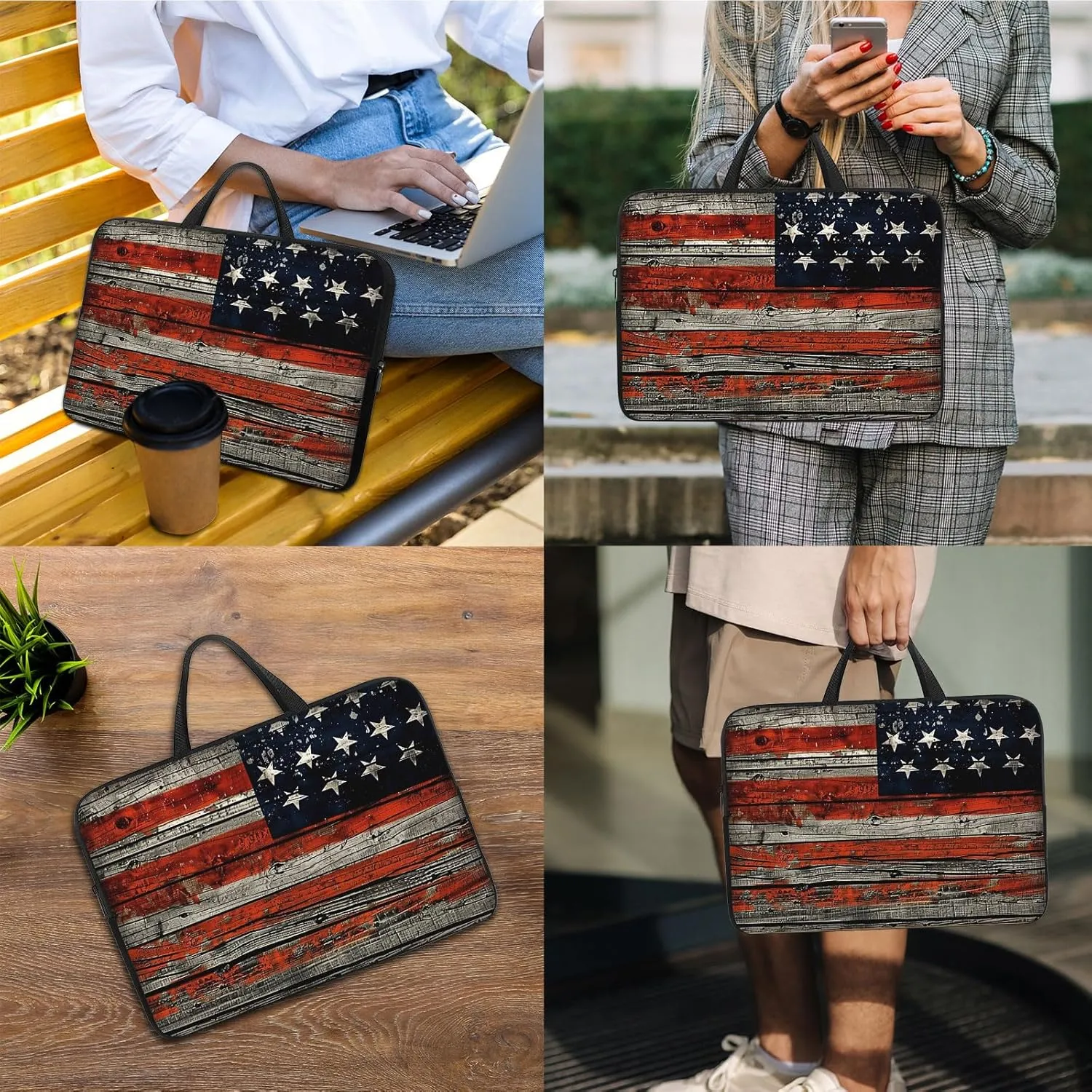Laptop Sleeve Bag with Handle Computer Protective Soft Cover Case for 14 Inch 13 Inch Laptop,Wood Flag