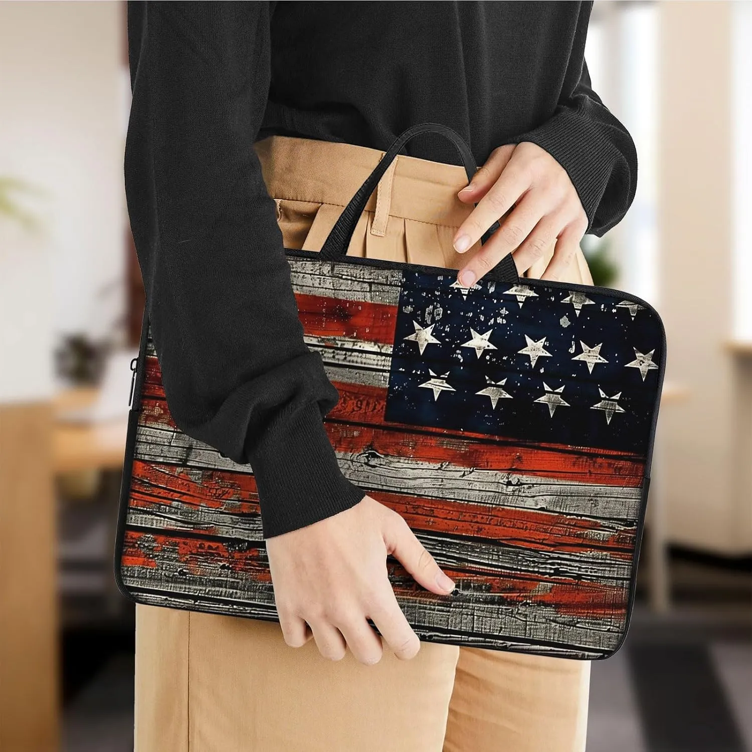 Laptop Sleeve Bag with Handle Computer Protective Soft Cover Case for 14 Inch 13 Inch Laptop,Wood Flag