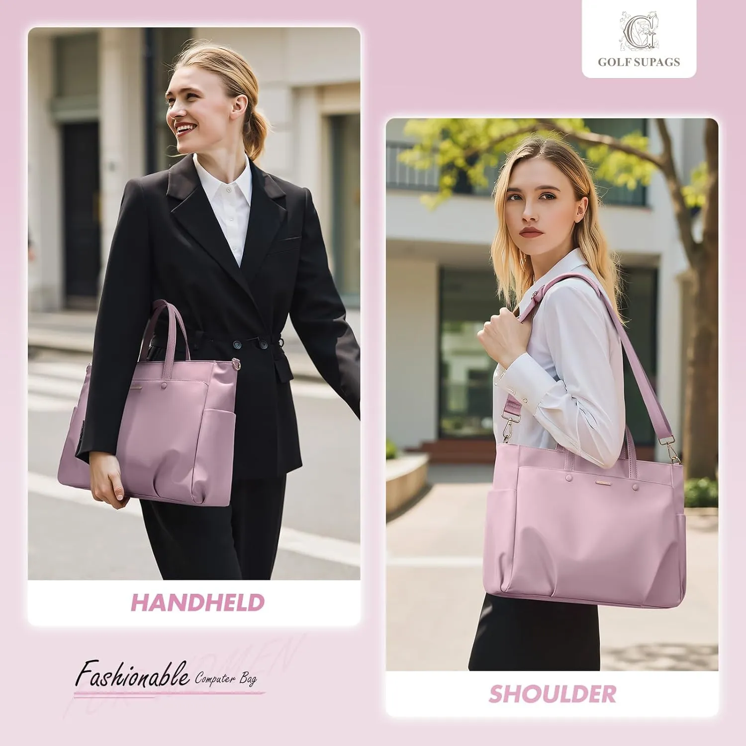 Laptop Tote Bag 15.6 Inch, Computer Shoulder Bag Large Work Tote Bag for Women, Laptop Carrying Case Stylish Handbag for Business Travel (Pinkish Purple)