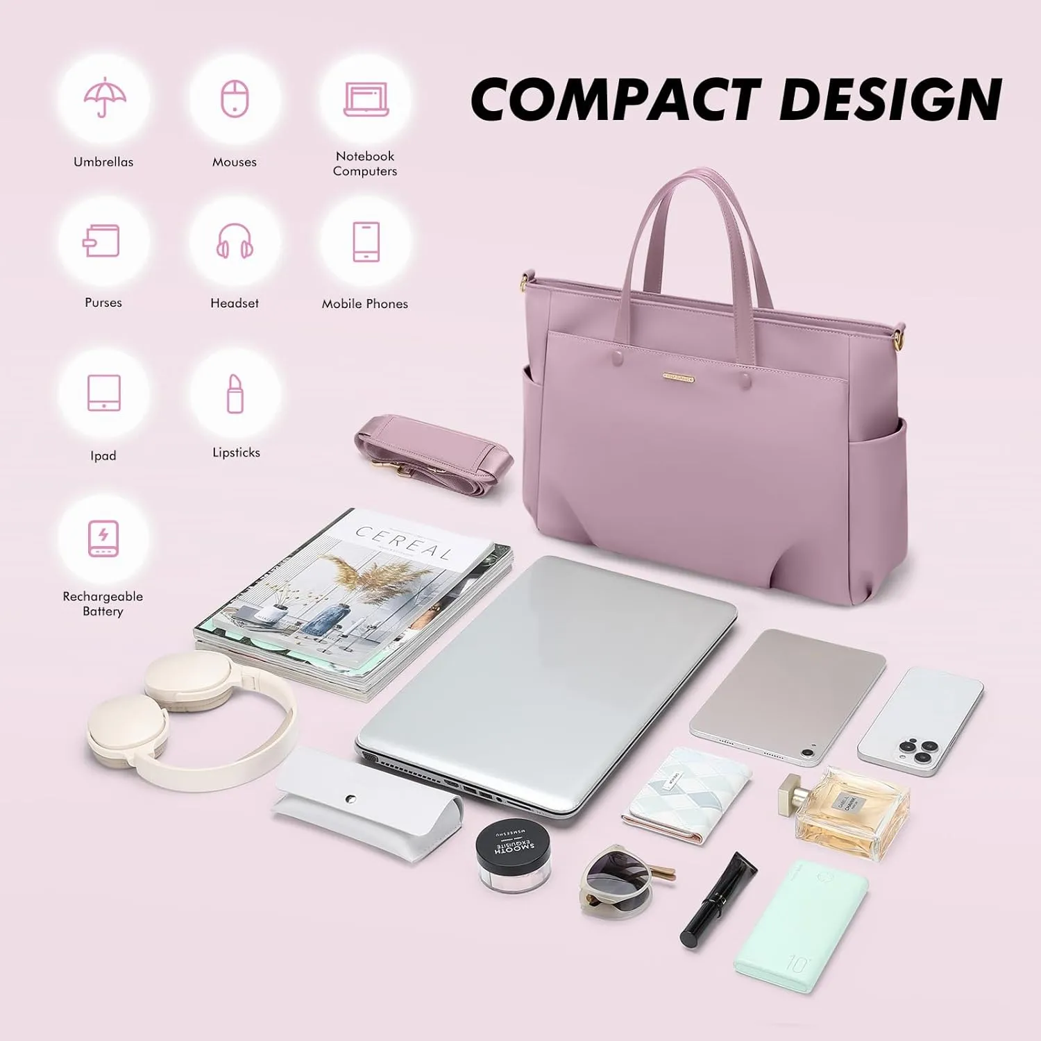 Laptop Tote Bag 15.6 Inch, Computer Shoulder Bag Large Work Tote Bag for Women, Laptop Carrying Case Stylish Handbag for Business Travel (Pinkish Purple)