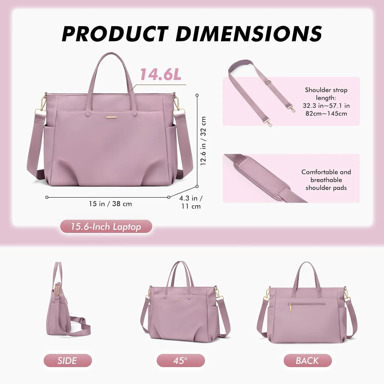 Laptop Tote Bag 15.6 Inch, Computer Shoulder Bag Large Work Tote Bag for Women, Laptop Carrying Case Stylish Handbag for Business Travel (Pinkish Purple)
