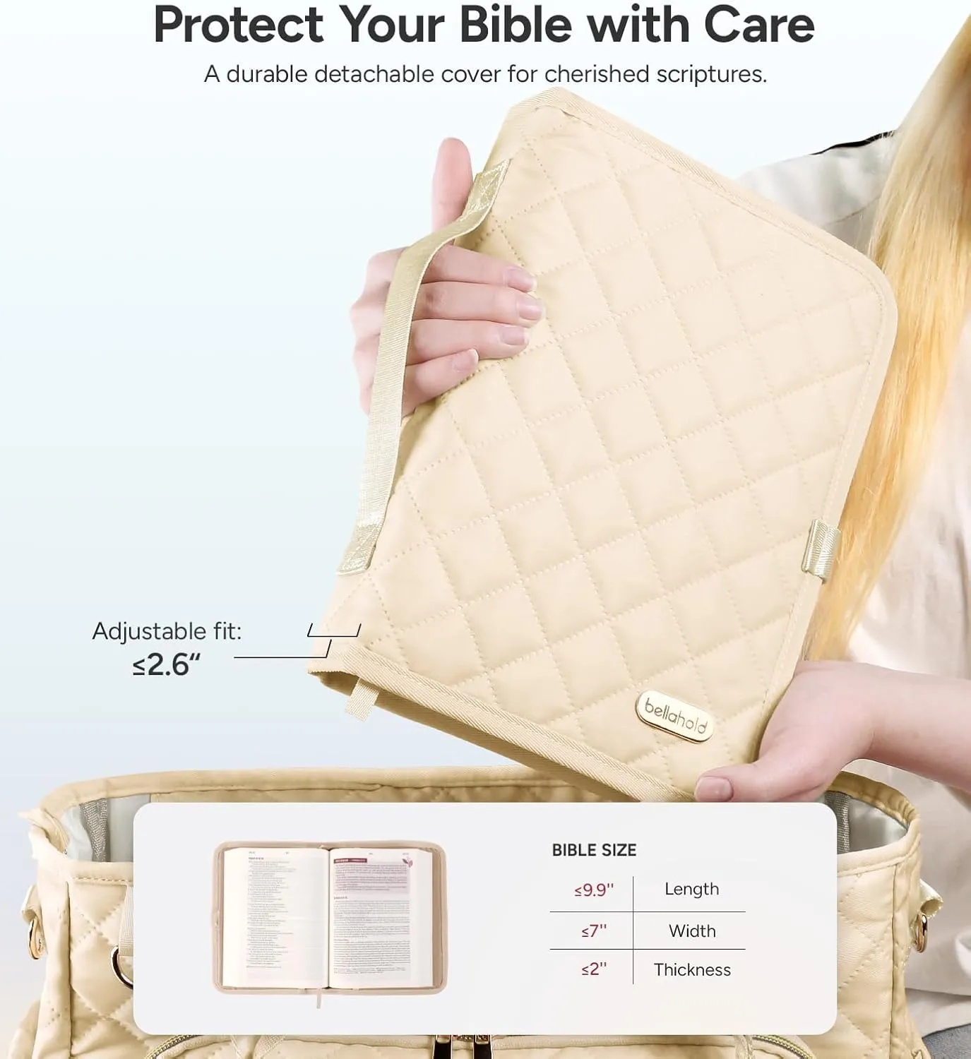 Large Bible Bag with Bible Cover Case for Women, Church Bag with shoulder strap, Quilted Bible Cover for Bible Study Supplies, a Christian Gift for Women, Beige