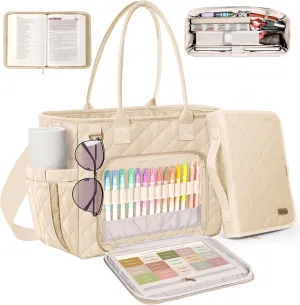 Large Bible Bag with Bible Cover Case for Women, Church Bag with shoulder strap, Quilted Bible Cover for Bible Study Supplies, a Christian Gift for Women, Beige