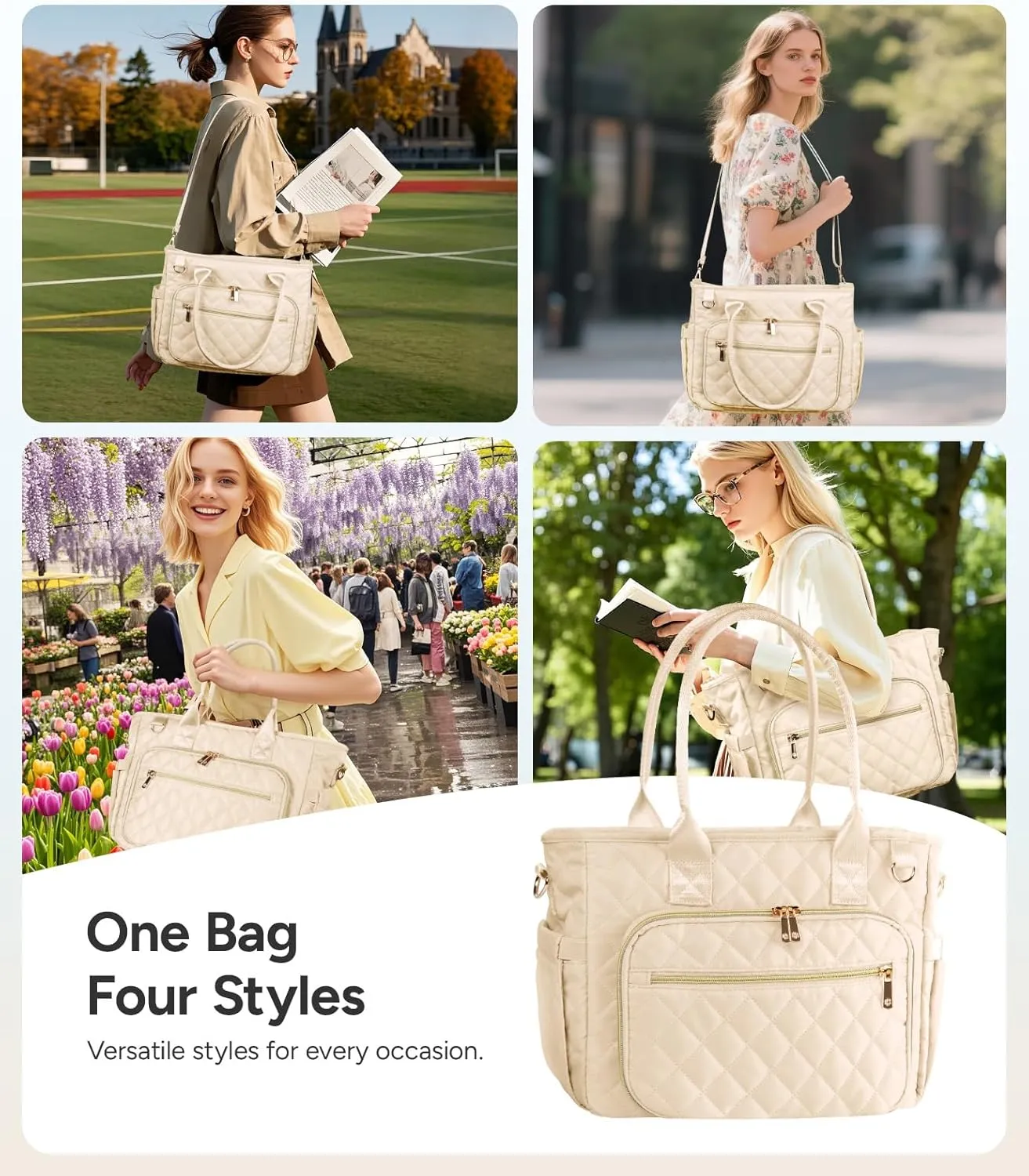 Large Bible Bag with Bible Cover Case for Women, Church Bag with shoulder strap, Quilted Bible Cover for Bible Study Supplies, a Christian Gift for Women, Beige