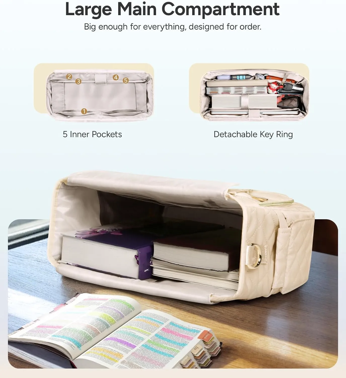 Large Bible Bag with Bible Cover Case for Women, Church Bag with shoulder strap, Quilted Bible Cover for Bible Study Supplies, a Christian Gift for Women, Beige